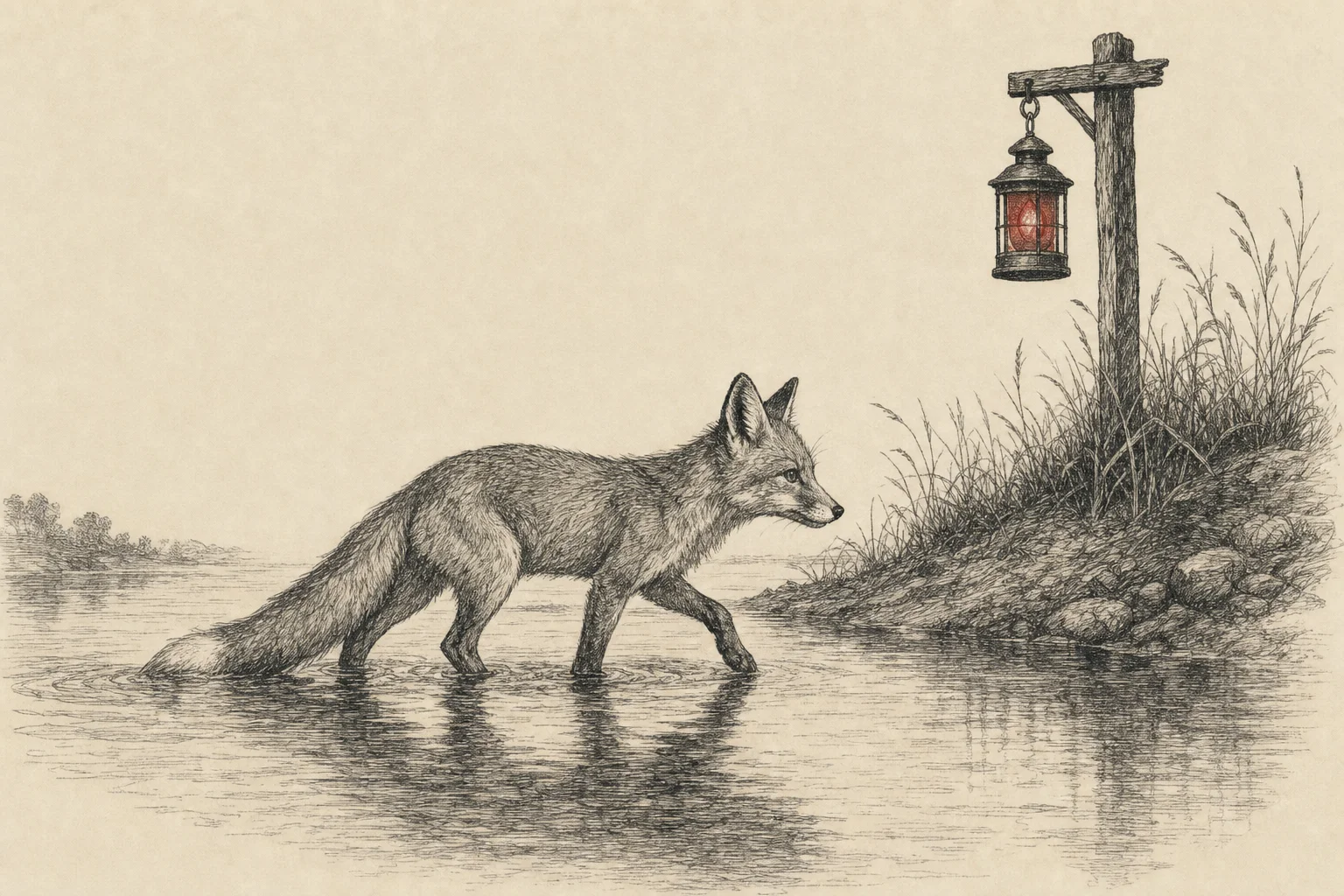 Un jeune renard traverse une rivière, la queue effleurant l'eau, une lanterne allumée sur la rive opposée