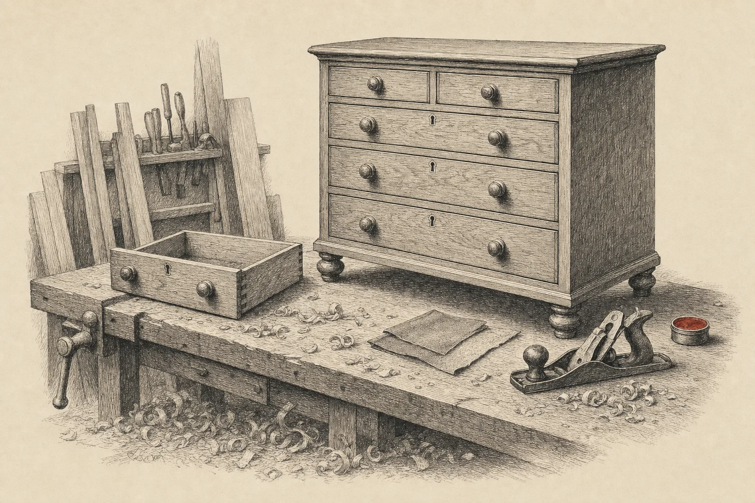 Une commode presque achevée sur un établi d'ébéniste, un tiroir posé à côté, des copeaux au sol