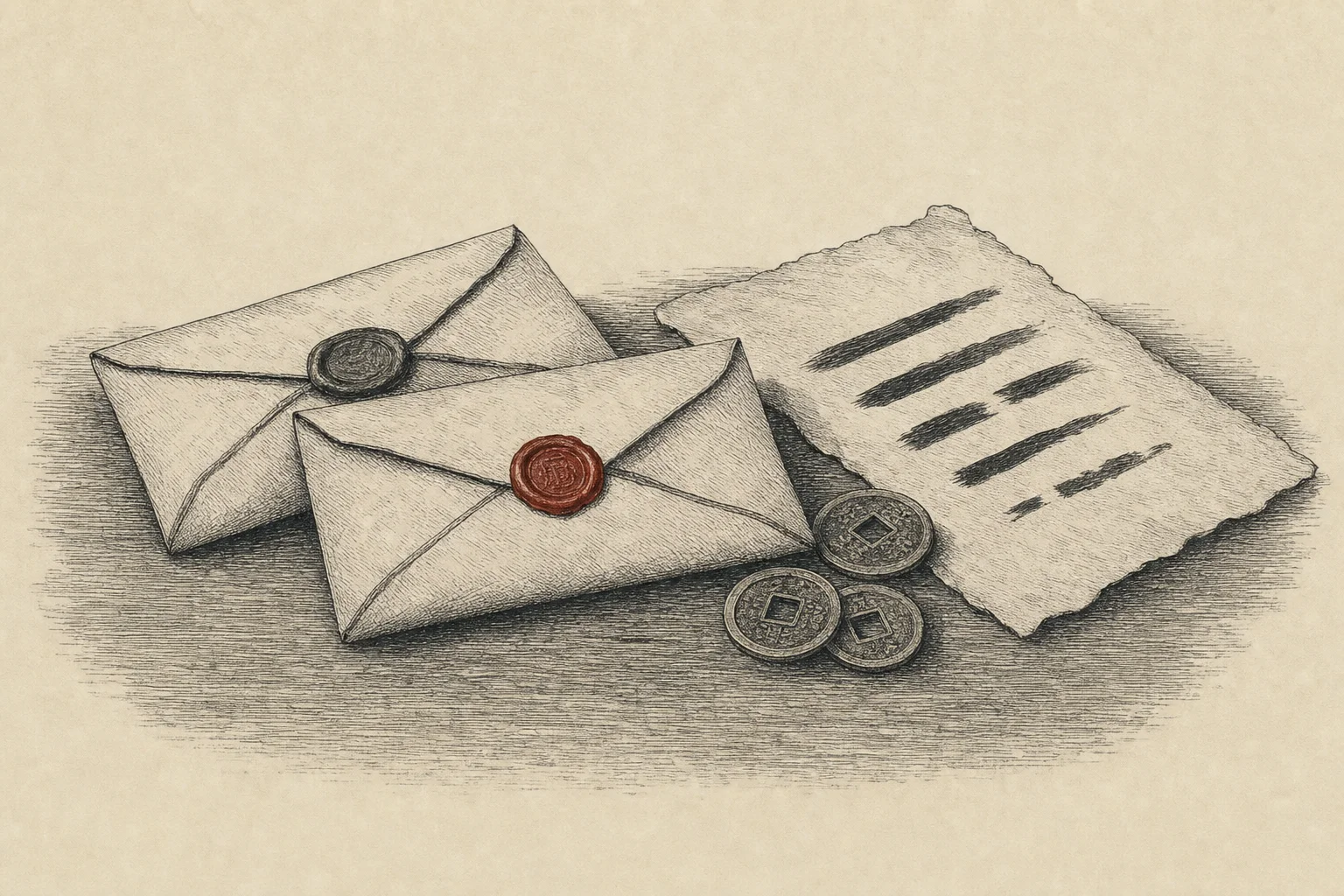 Deux lettres cachetées sur un bureau, à côté de trois pièces chinoises et d'un hexagramme tracé à l'encre