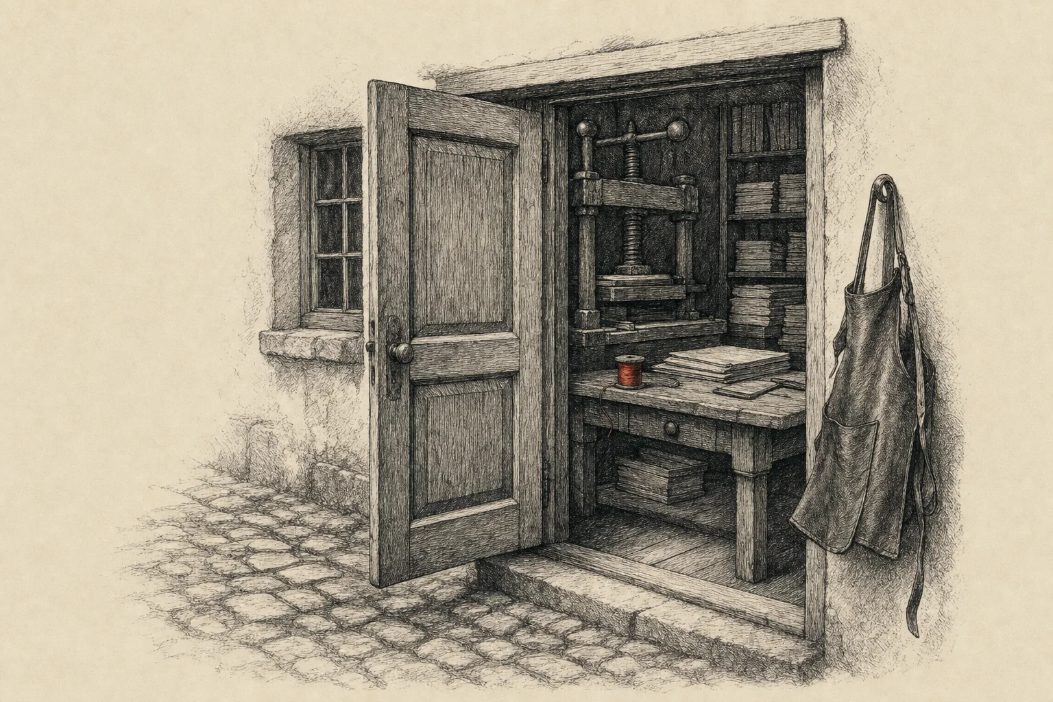 La porte entrouverte d'un petit atelier de reliure, une presse et des piles de papier à l'intérieur