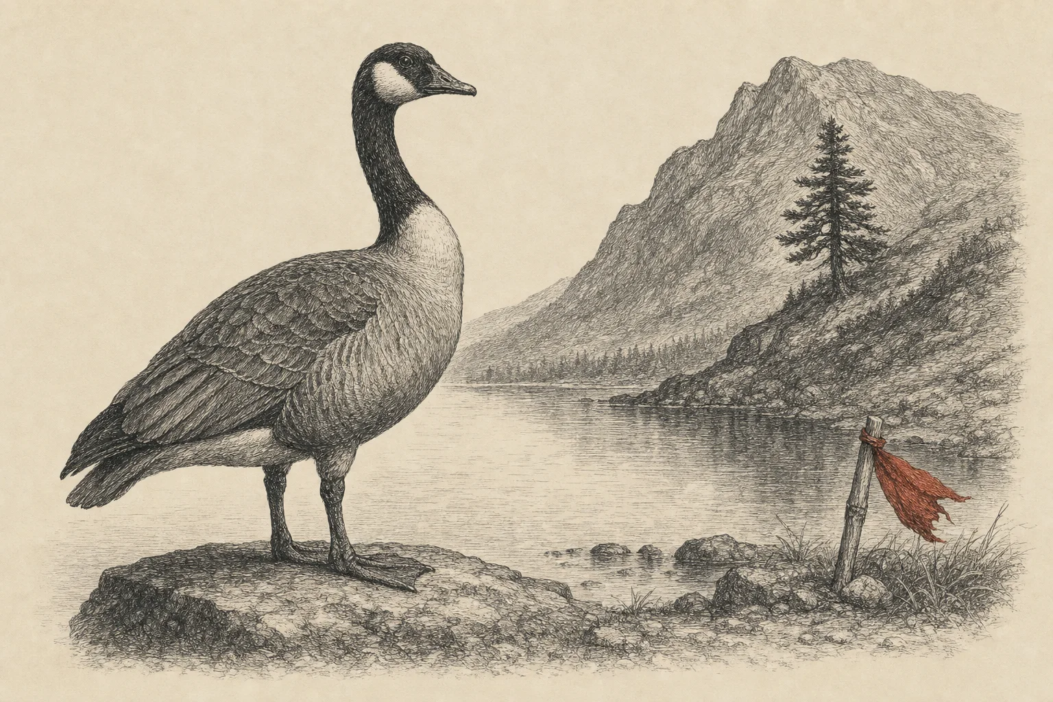 Une oie sauvage sur un rocher au bord d'un lac, un pin sur la pente de la montagne