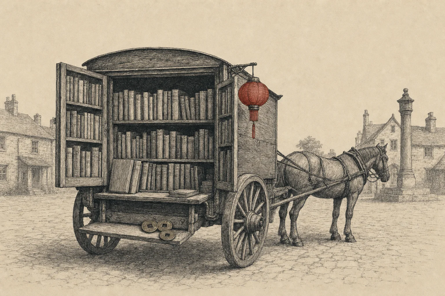 Une carriole de livres sur une place de village, trois pièces chinoises sur le marchepied