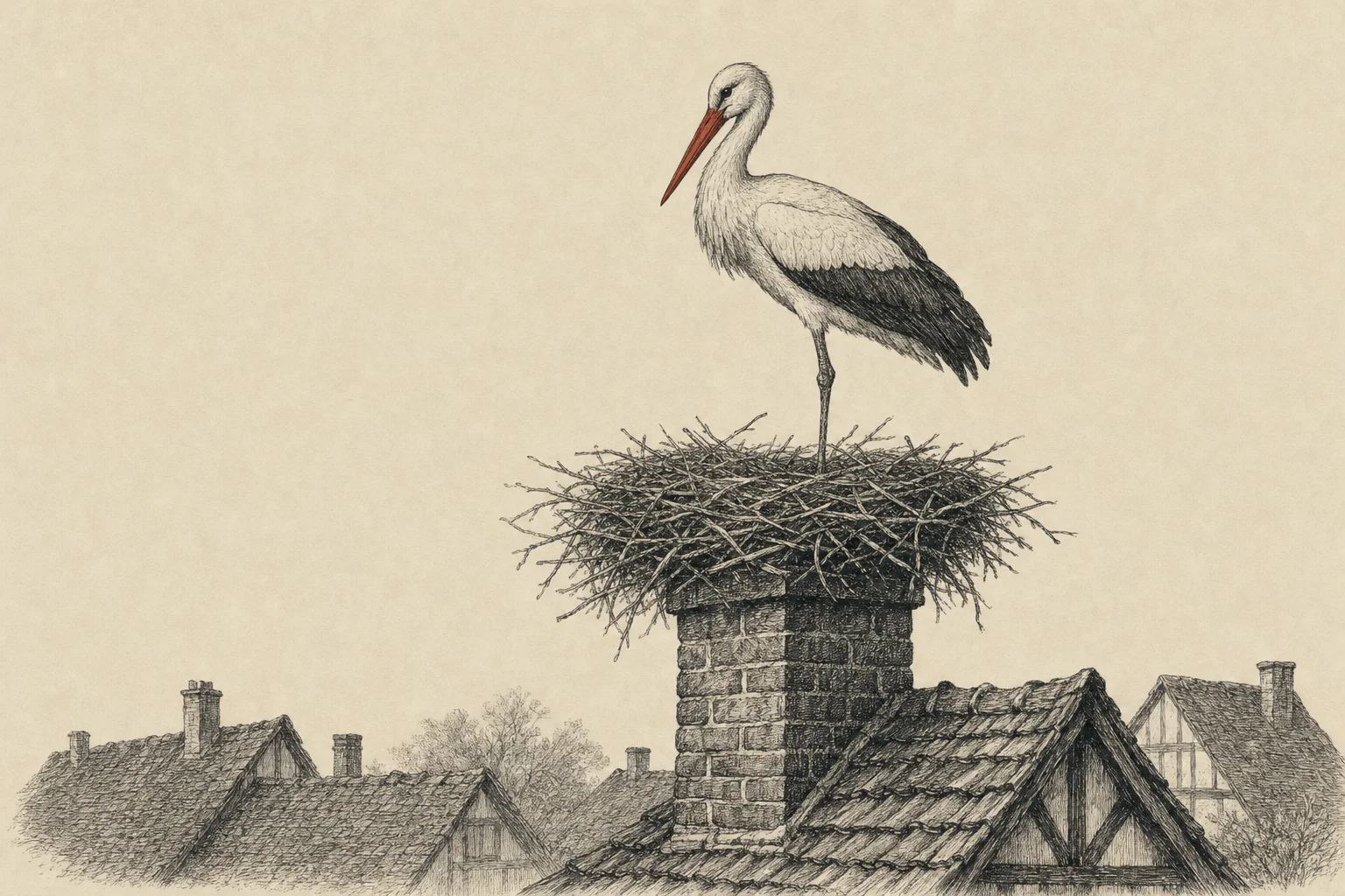 Une cigogne debout sur son nid, au sommet d'une cheminée de village