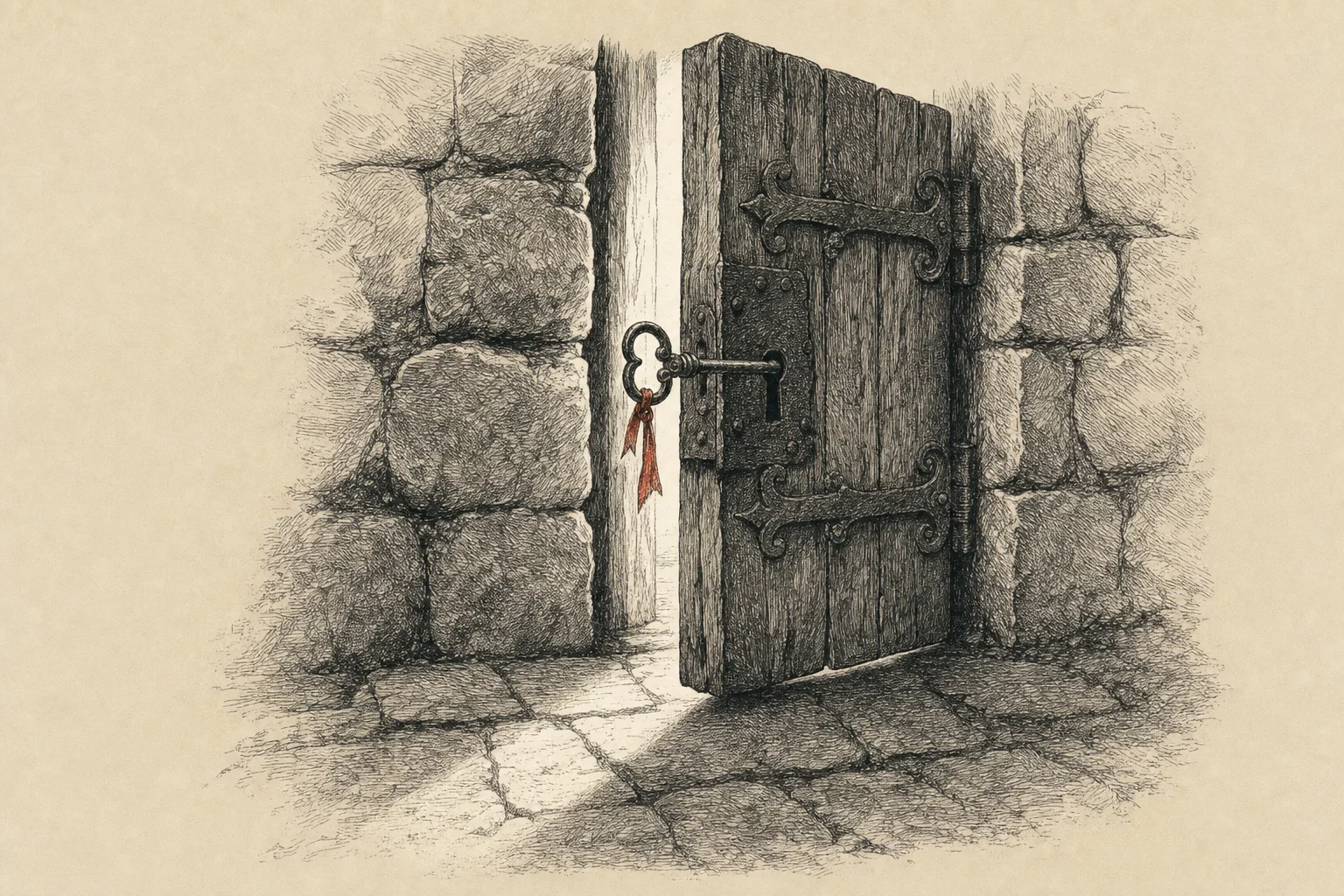 Une porte entrouverte dans un mur de pierre, une grande clé ancienne restée dans la serrure
