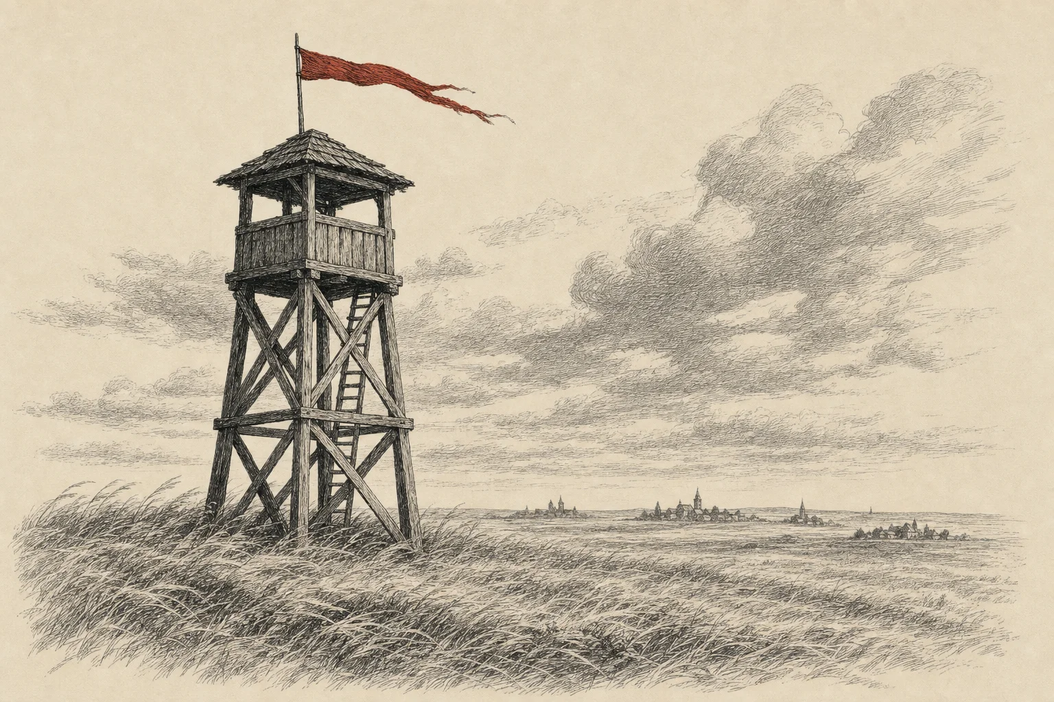 Une haute tour de guet seule au milieu d'une plaine, le vent qui couche les herbes et chasse les nuages