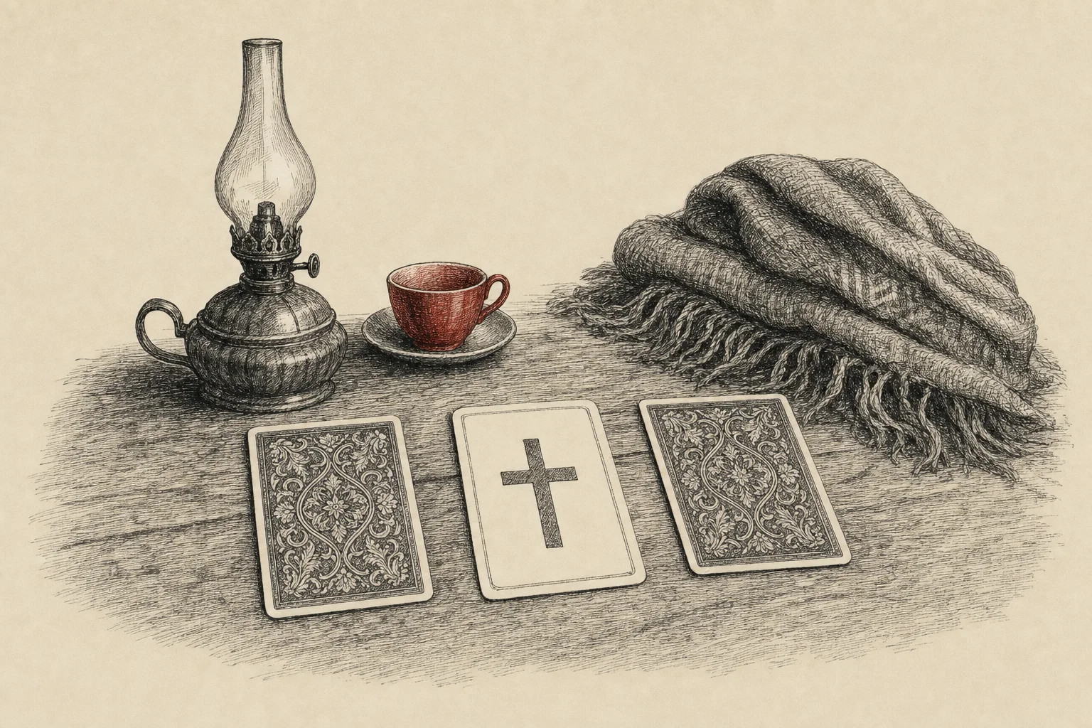 Trois cartes posées sur une table près d'une lampe à huile, celle du milieu montrant une croix