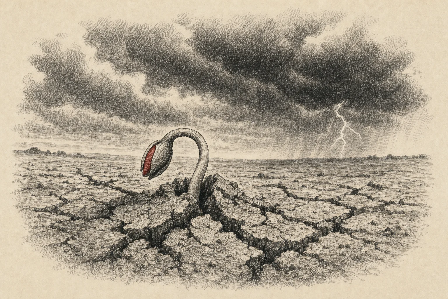 Une jeune pousse perce une terre craquelée sous des nuages d'orage, un éclair à l'horizon