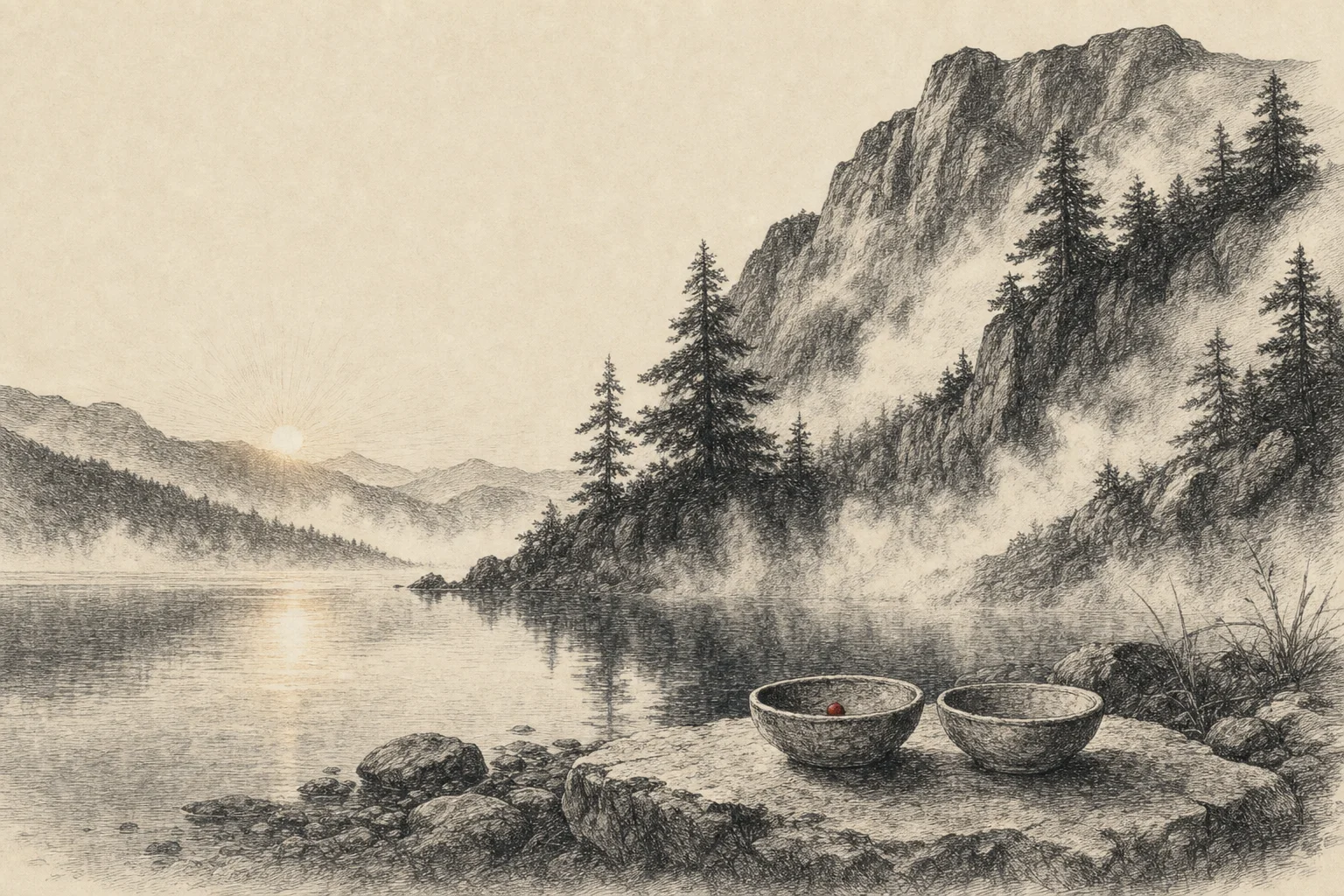 Un lac au pied d'une montagne à l'aube, la brume qui monte vers les pentes, deux petits bols posés sur une pierre du rivage