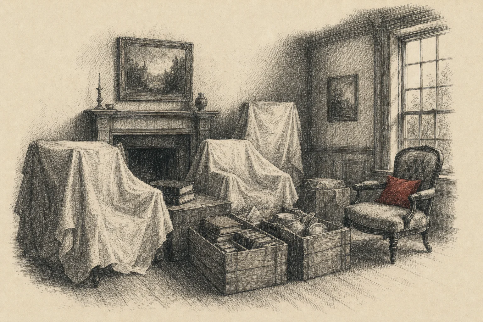 Un salon à moitié vidé, des meubles sous des draps, des caisses de livres et un fauteuil resté découvert près de la fenêtre