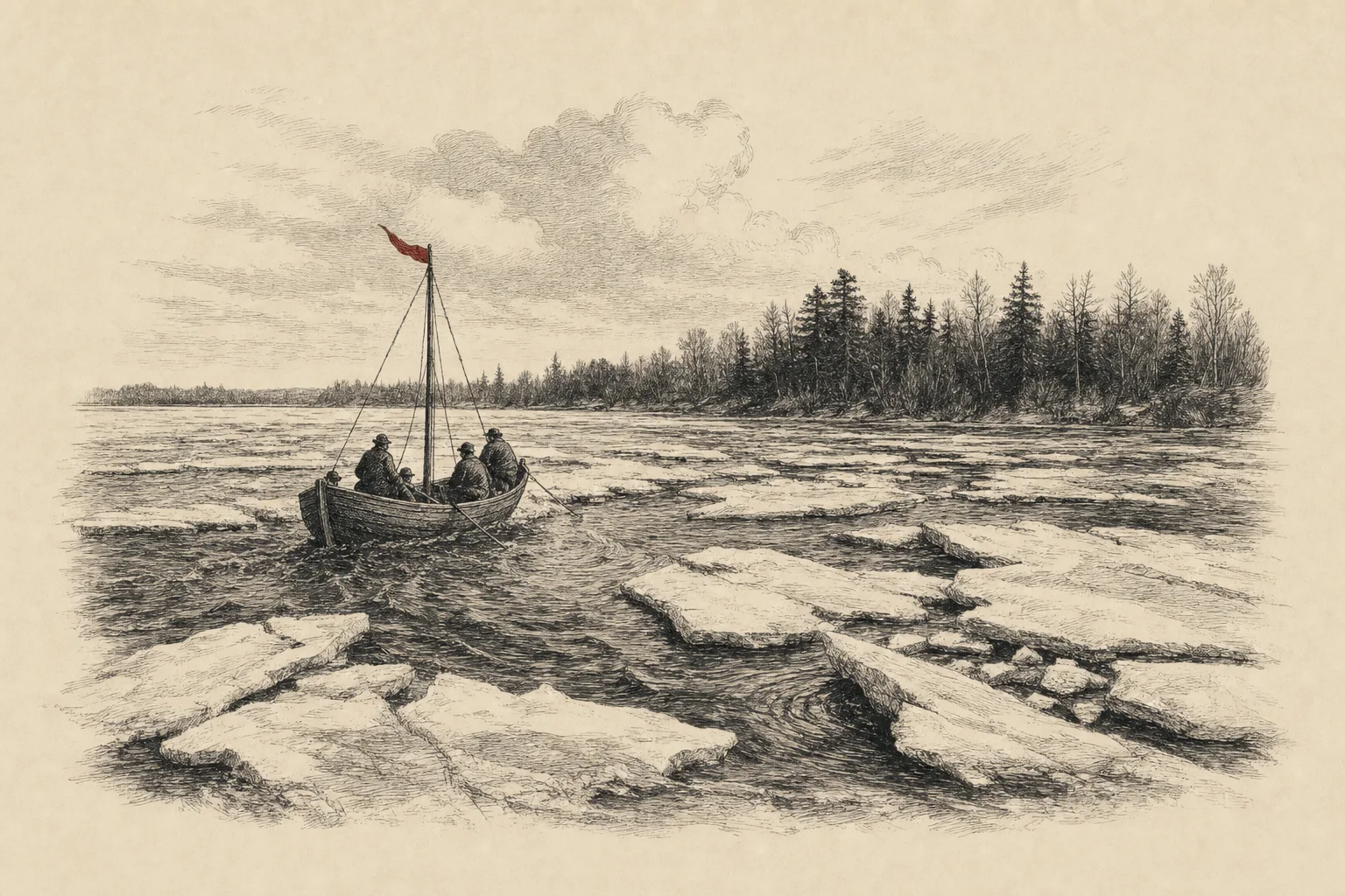 Des plaques de glace se défont sur un fleuve ridé par le vent, une barque traverse entre elles