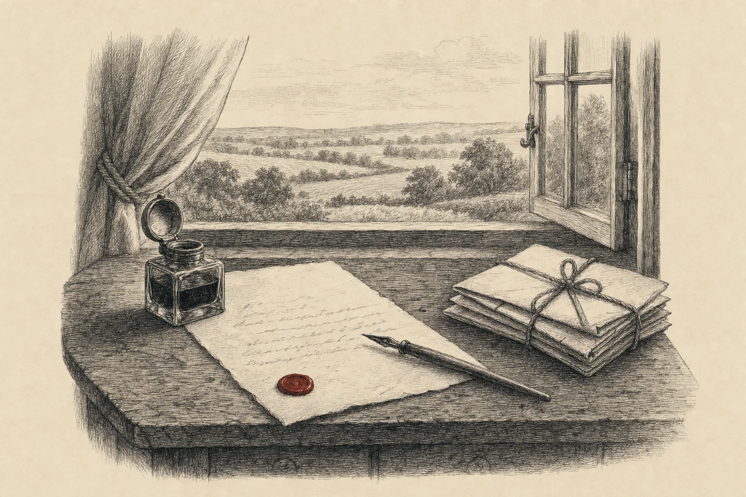 Une lettre à moitié écrite sur une table près d'une fenêtre, un encrier et un paquet de vieilles lettres, des champs au-dehors