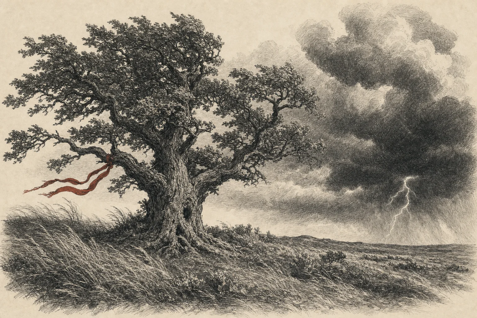 Un vieux chêne tient bon sur la lande sous le vent et l'orage, un éclair au loin