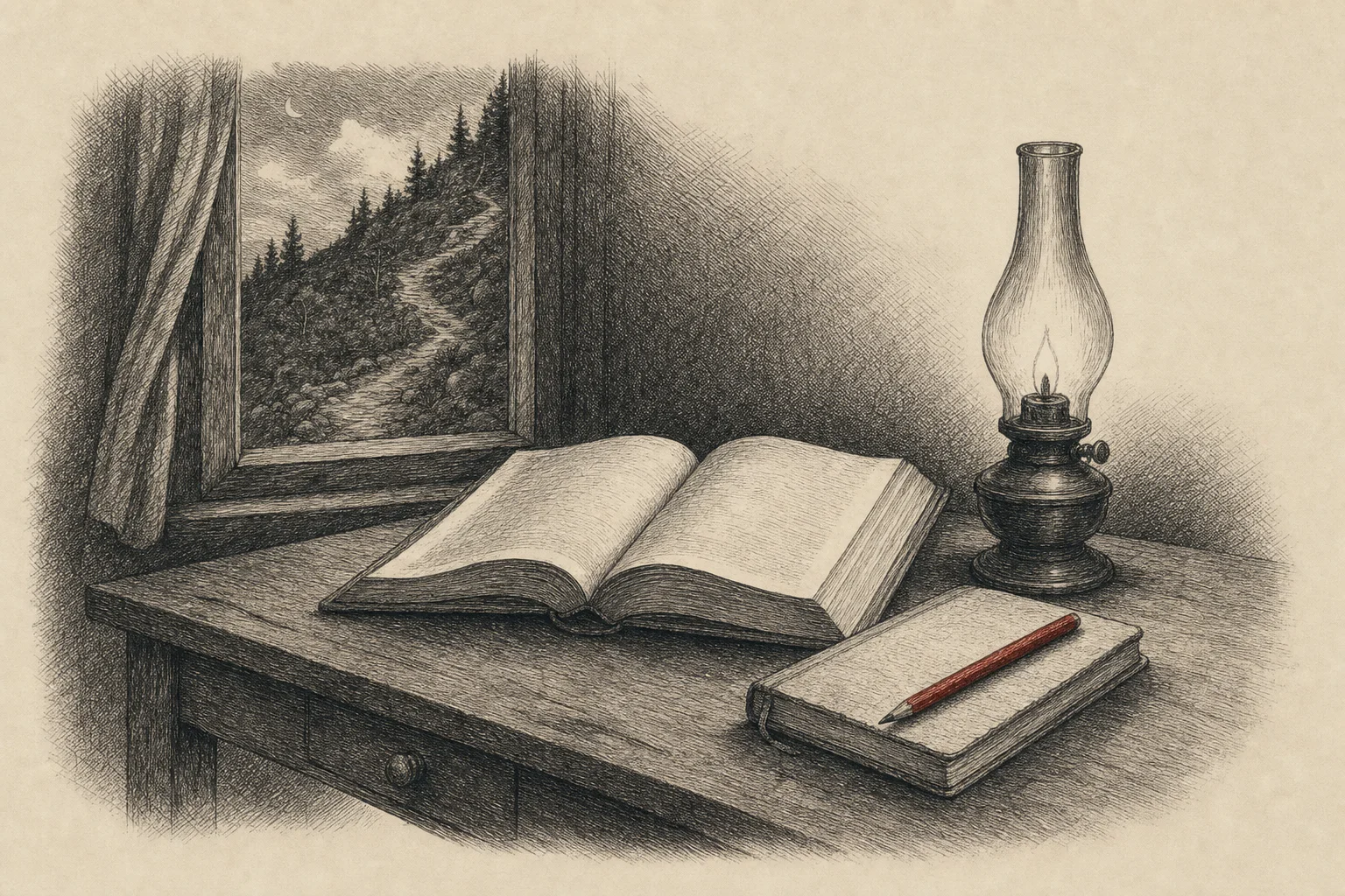 Une grammaire ouverte et un carnet sur une table, et par la fenêtre un sentier qui monte la colline