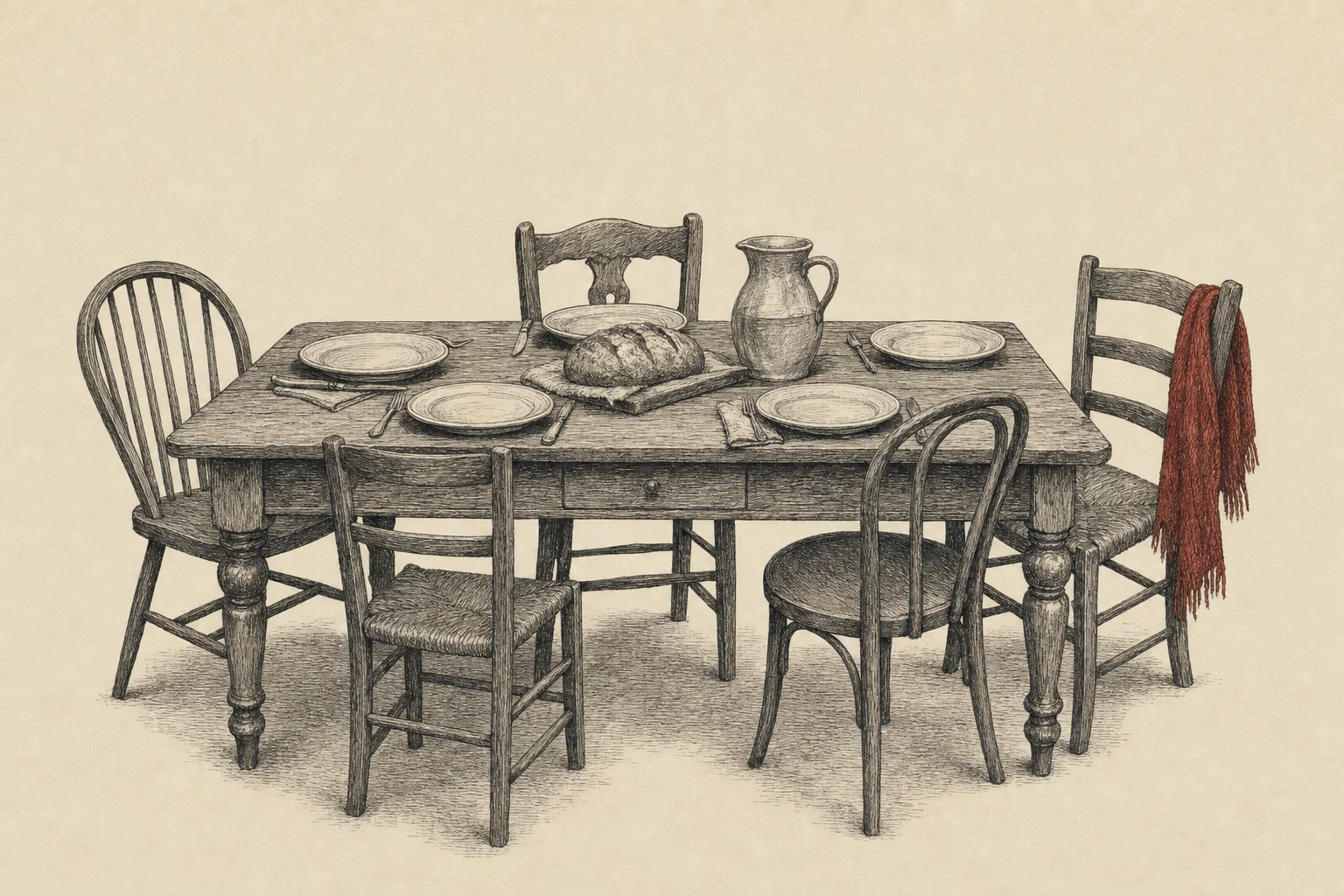 Une grande table de cuisine dressée pour cinq, aux chaises et aux assiettes dépareillées