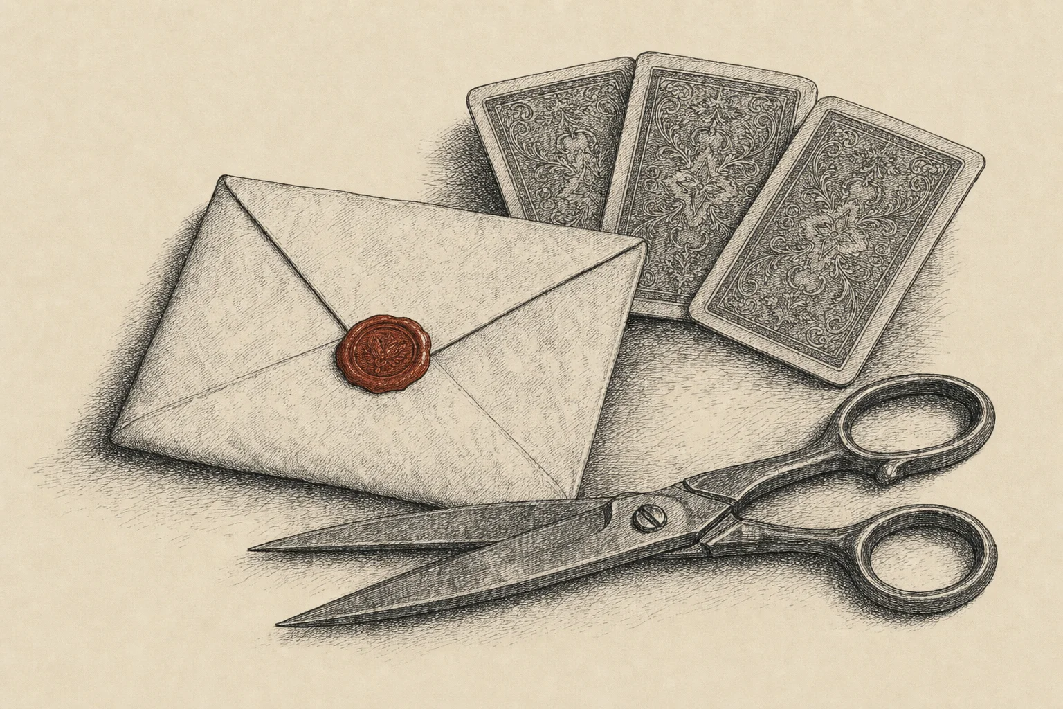 Une lettre pliée, trois cartes retournées et une paire de ciseaux ouverte sur un secrétaire