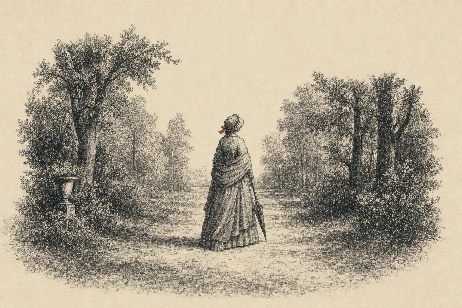 Une femme vue de dos au bout d'une allée de parc, une ombrelle fermée à la main