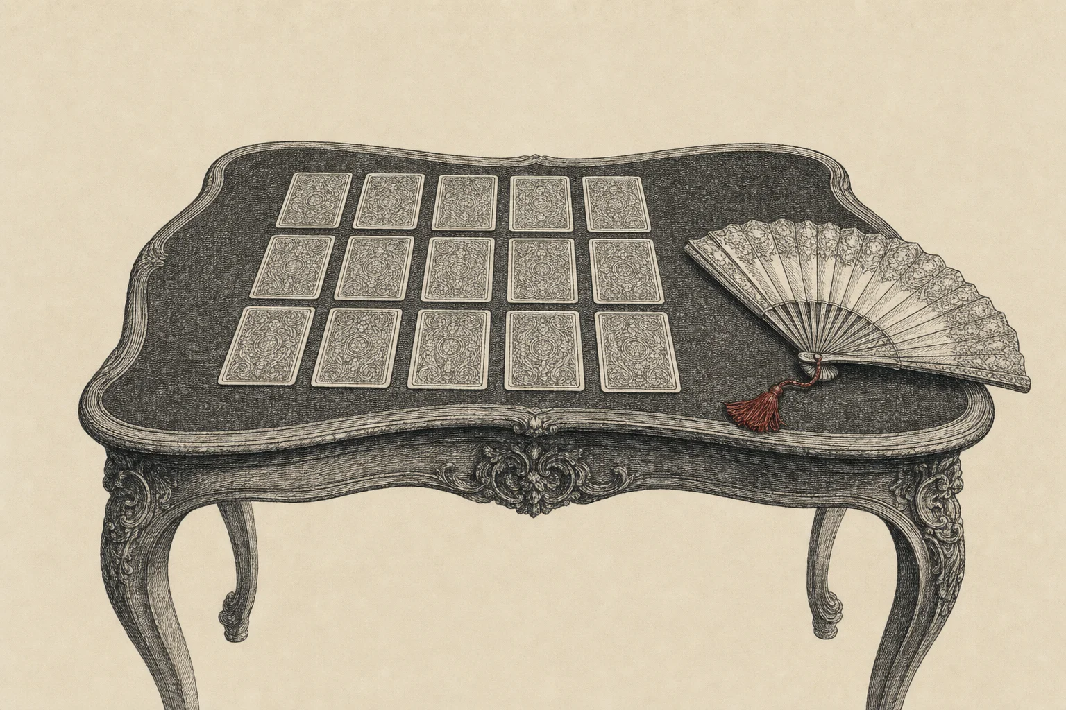Des cartes retournées posées en quatre rangées sur une table de jeu, un éventail fermé à côté
