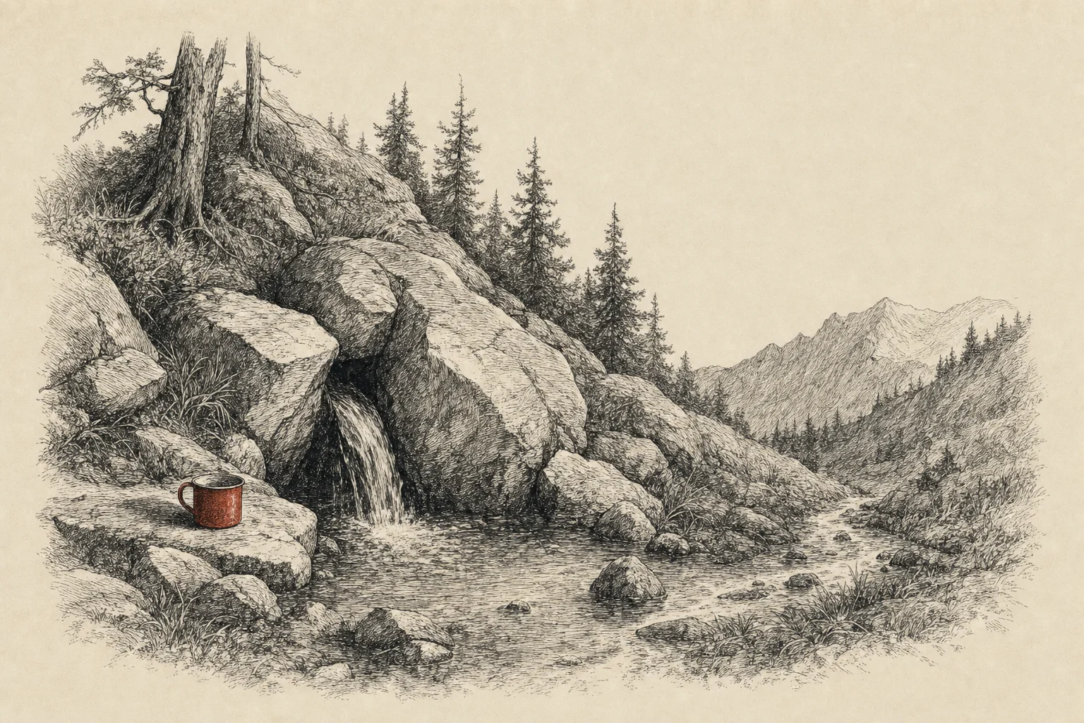 Une source jaillit entre les rochers au pied d'une montagne, un gobelet posé sur une pierre