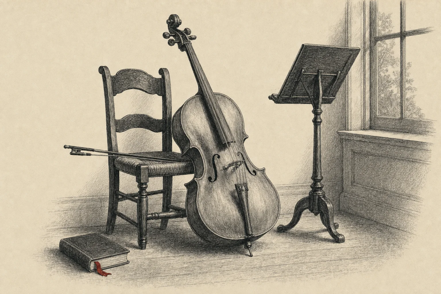 Un violoncelle appuyé contre une chaise, l'archet posé sur le siège, près d'un pupitre vide