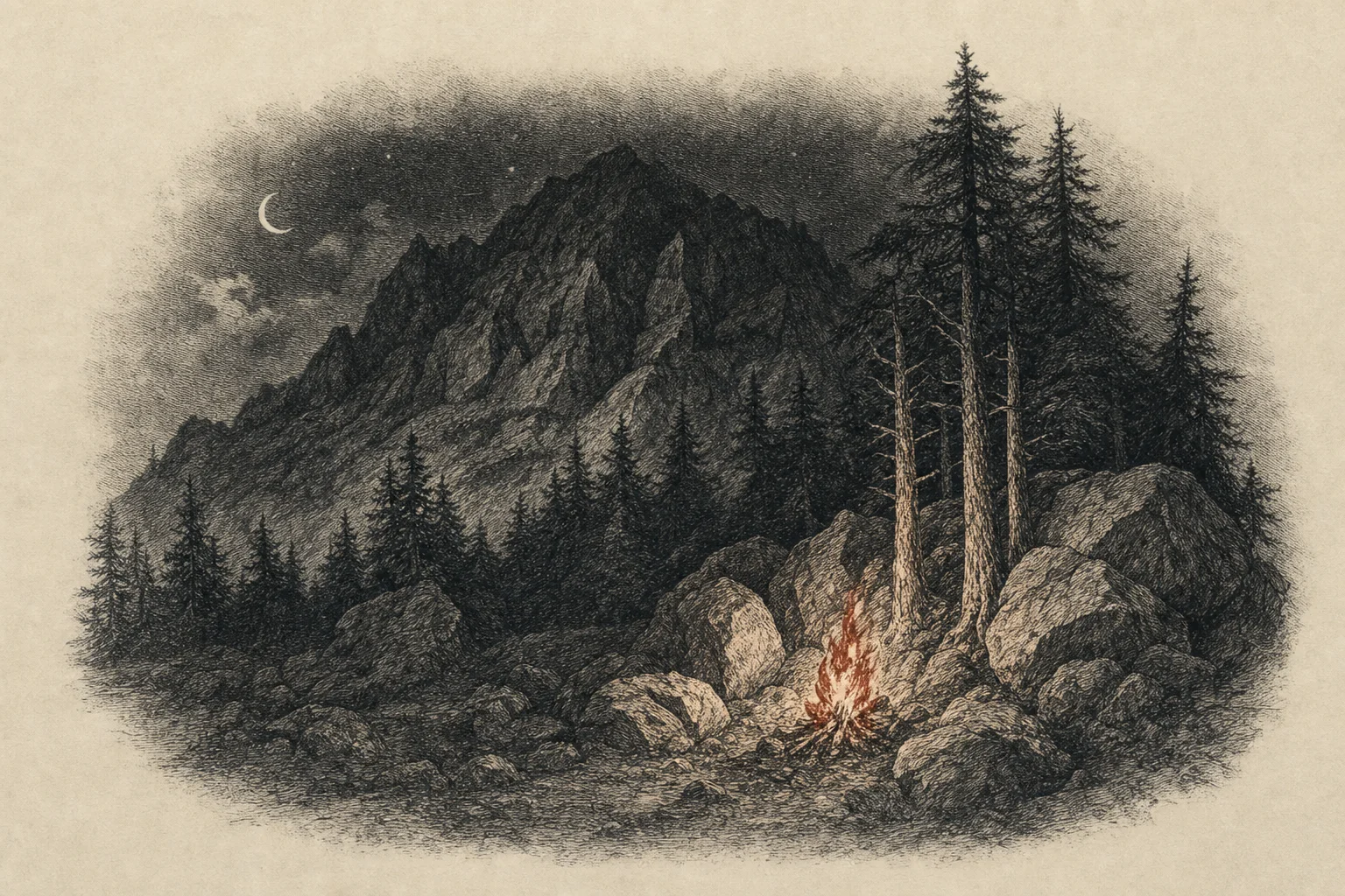 Un feu au pied d'une montagne, la nuit, éclaire les rochers et les pins les plus proches