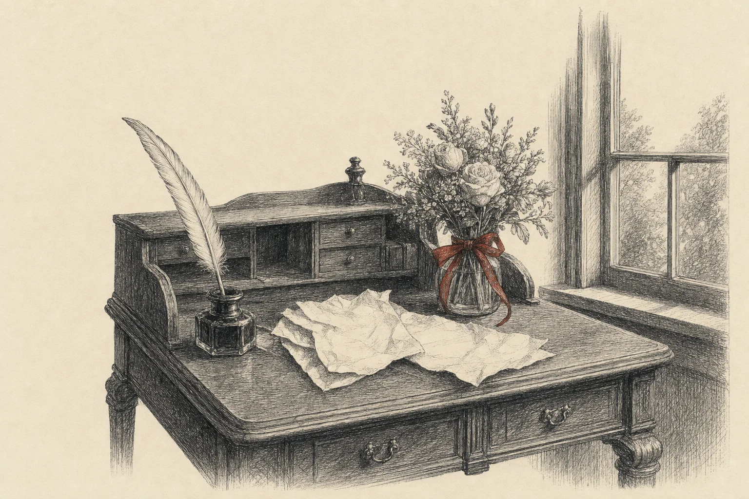 Un bureau près d'une fenêtre, des feuilles froissées, une plume et un petit bouquet de mariage