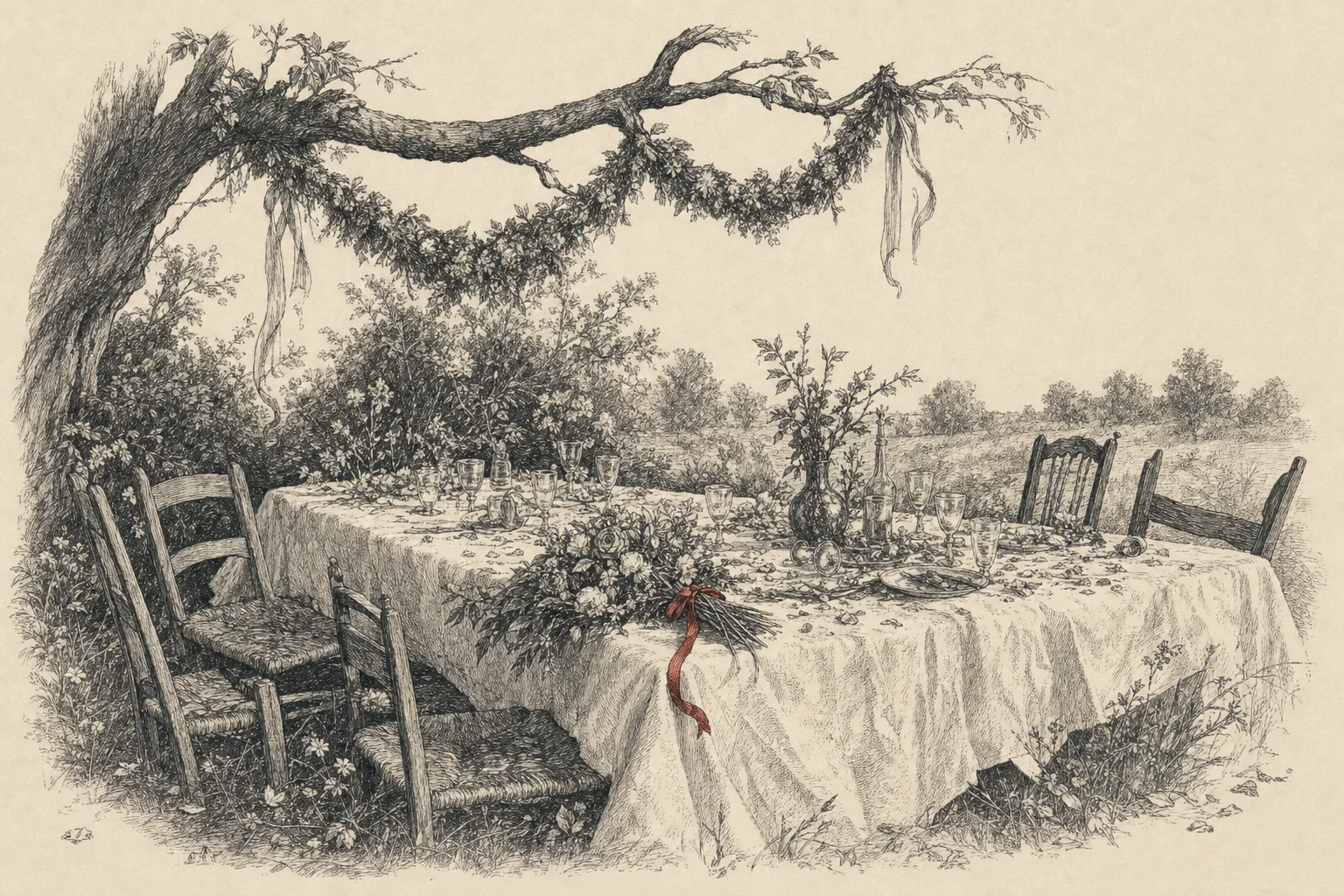 Une longue table de noce dans un jardin, les chaises repoussées, un bouquet oublié sur la nappe