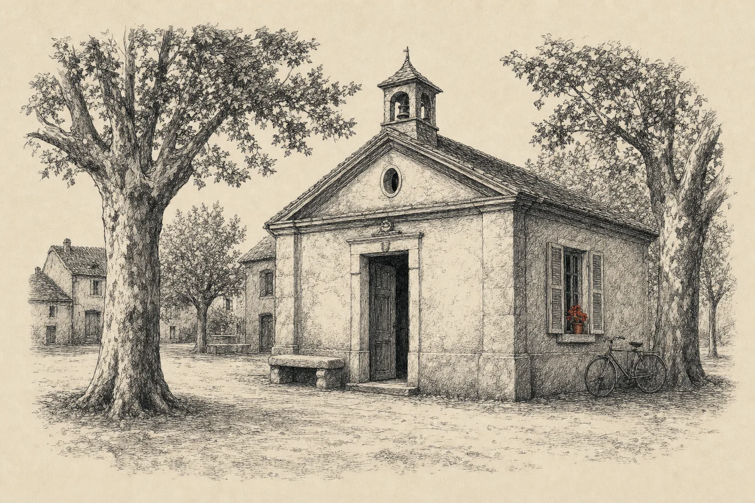 La façade d'une petite mairie de village, porte entrouverte, un banc de pierre et une bicyclette contre le mur