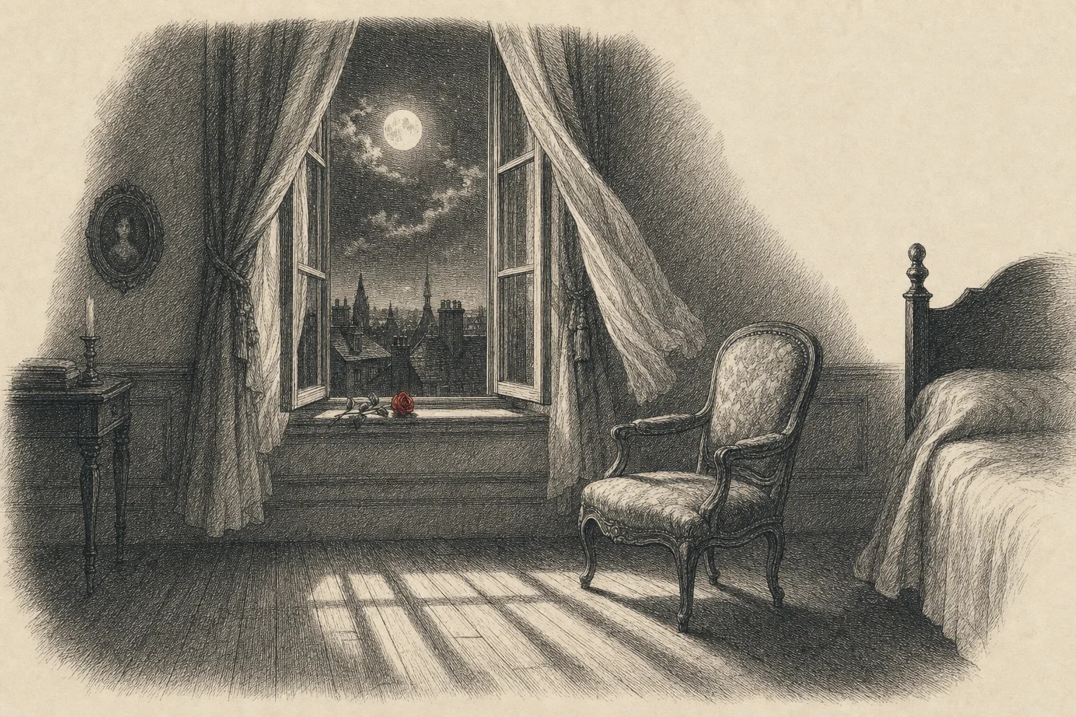 Une fenêtre ouverte sur la nuit, la pleine lune au-dessus des toits, un fauteuil vide dans sa lumière