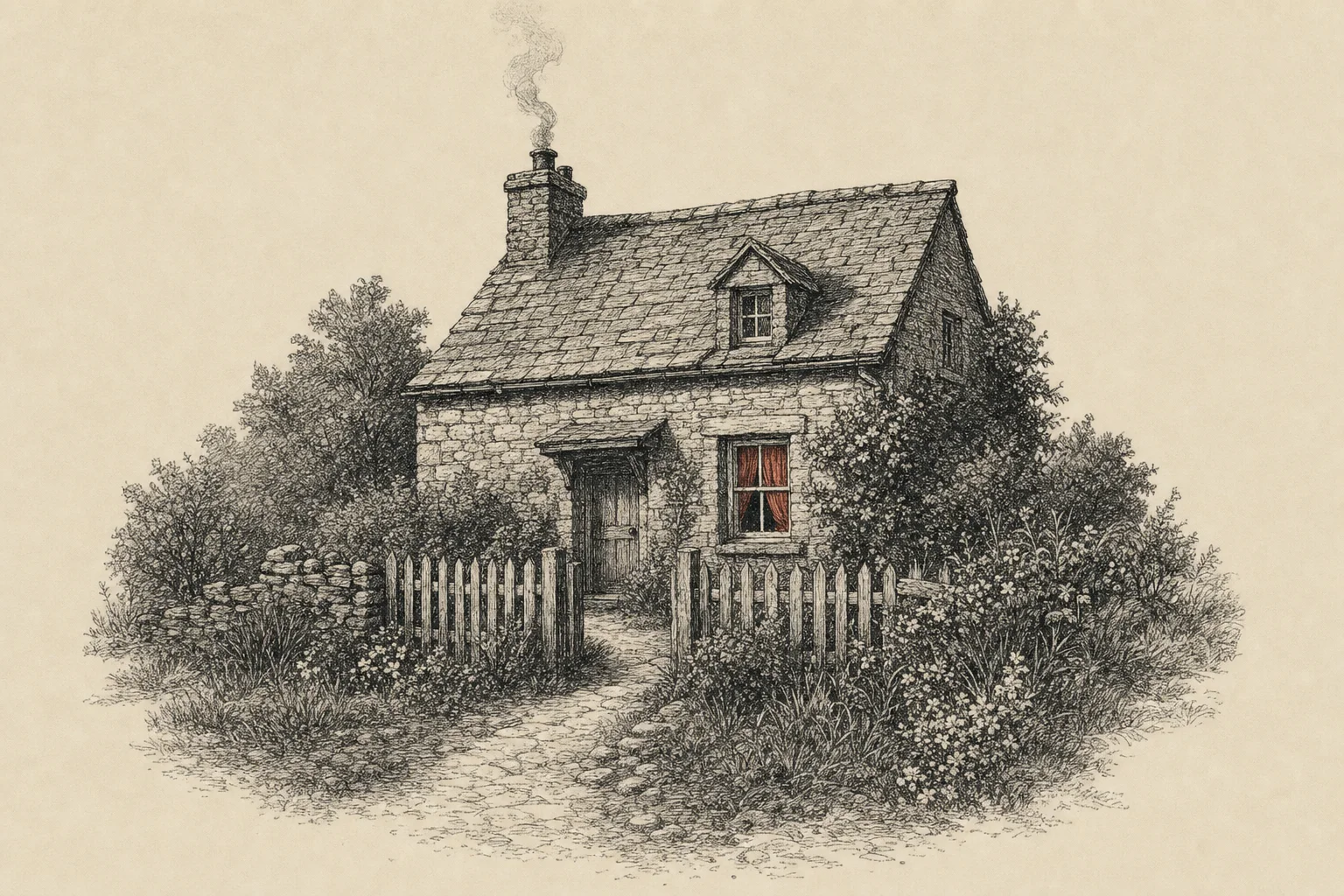 Une petite maison de pierre derrière une clôture basse, de la fumée qui s'échappe de la cheminée
