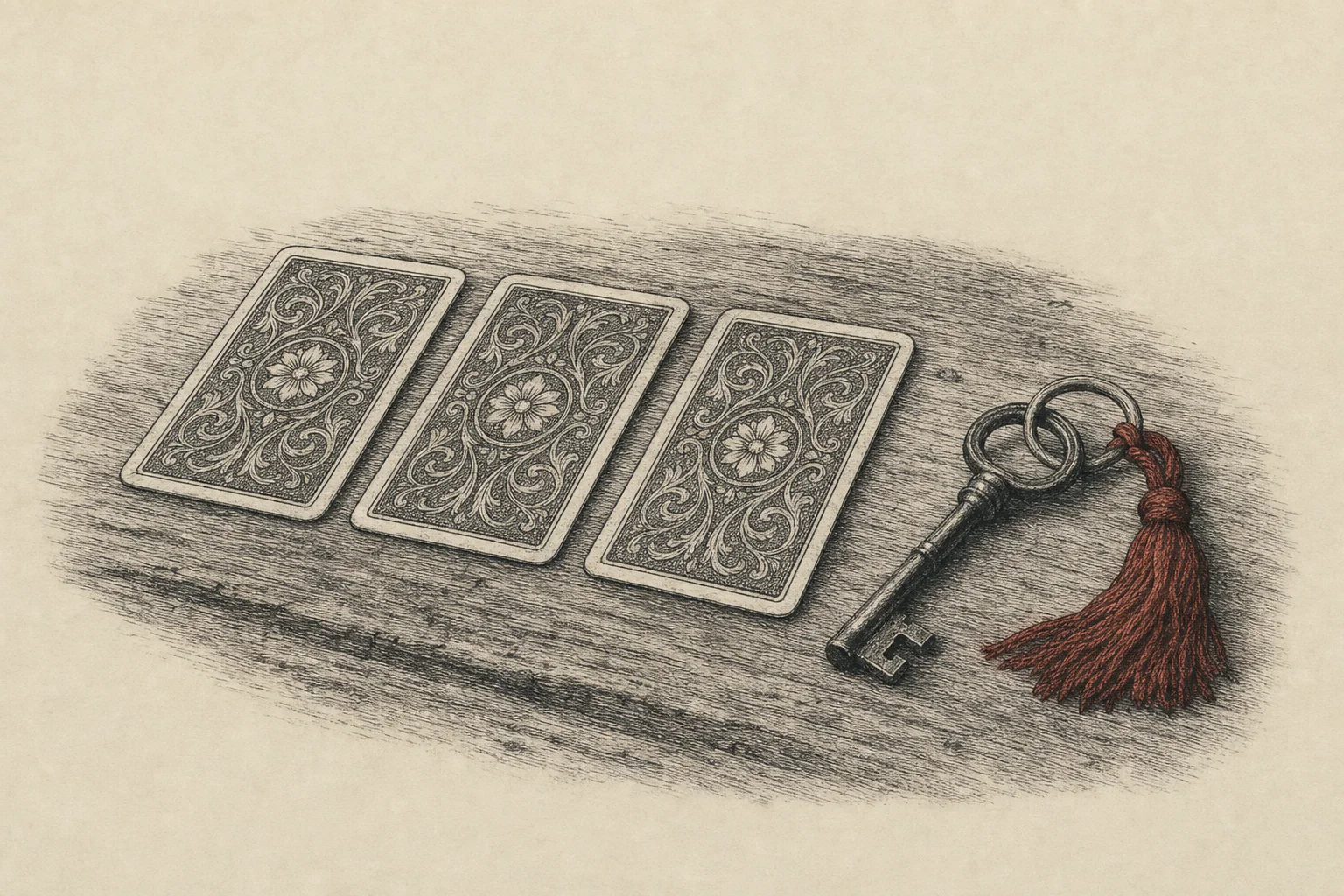 Trois cartes retournées sur une table, à côté d'une vieille clé de porte
