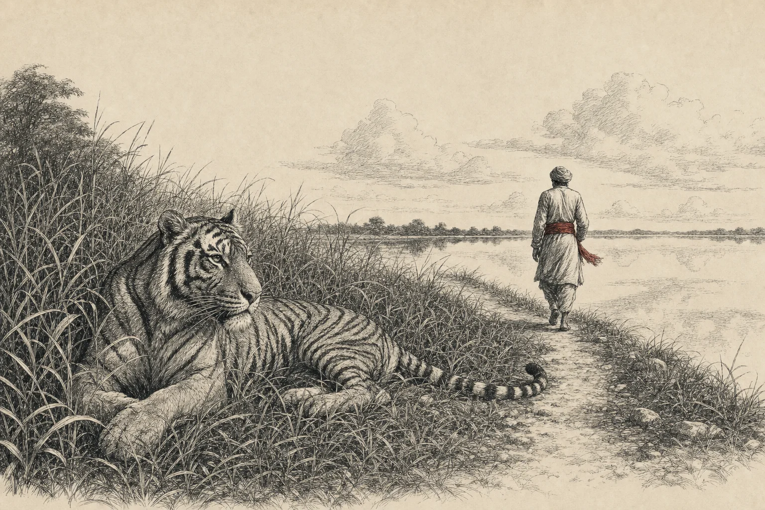 Un tigre couché au bord d'un lac, une silhouette passe avec précaution près de sa queue