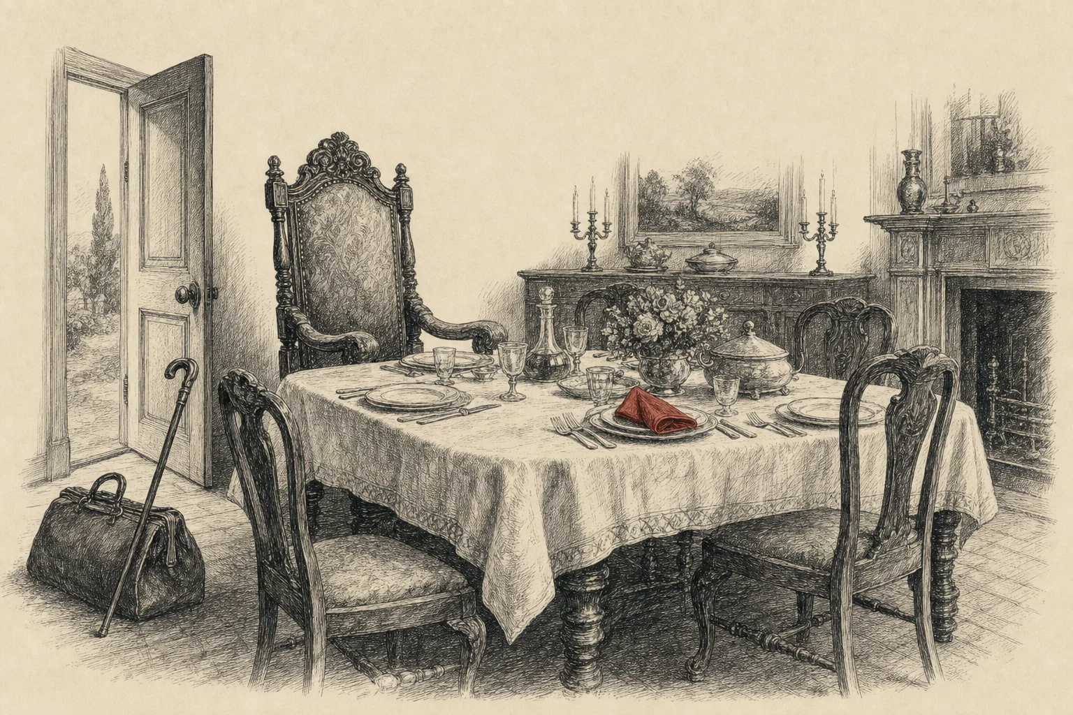 Une salle à manger de maison de campagne, un grand fauteuil en bout de table, un sac de voyage près de la porte