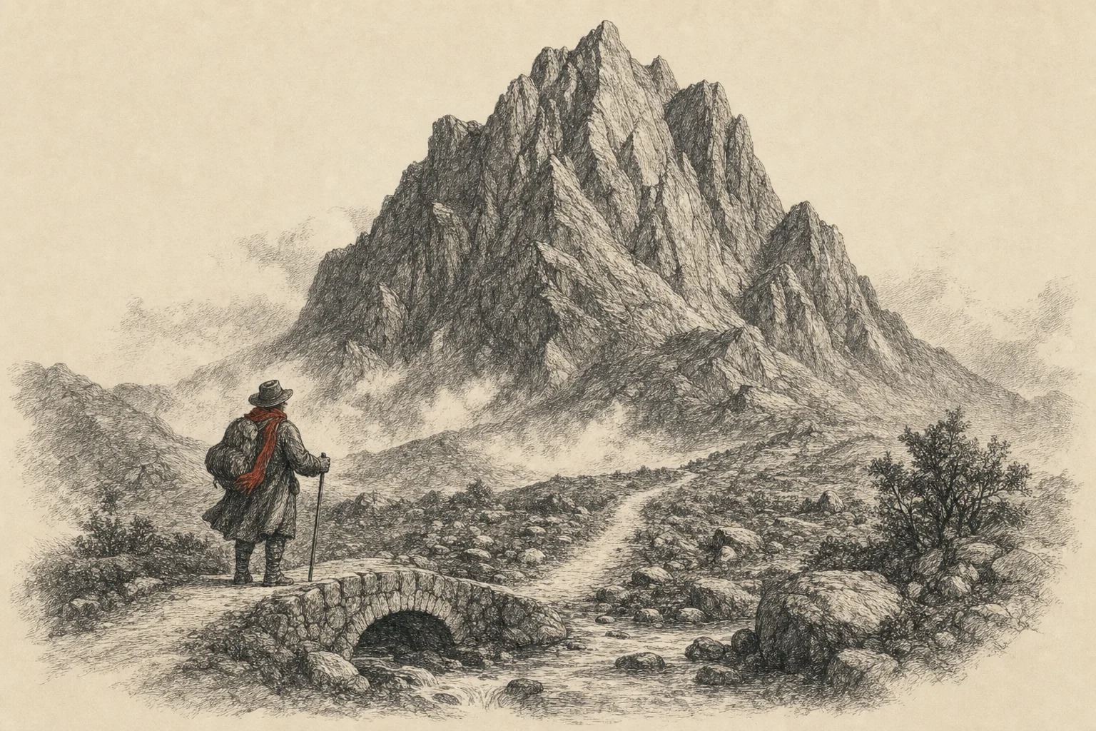 Une montagne massive au bout d'une route de campagne, un voyageur vu de dos devant un petit pont de pierre