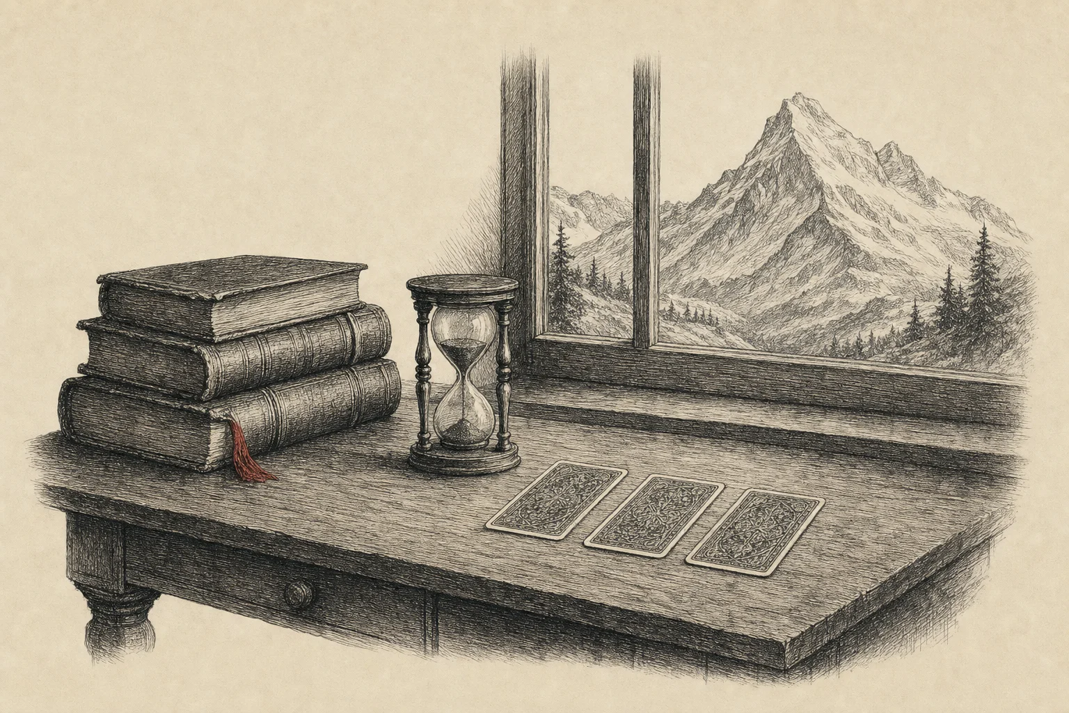 Une pile de livres fermés, un sablier et trois cartes face cachée, une montagne au loin par la fenêtre