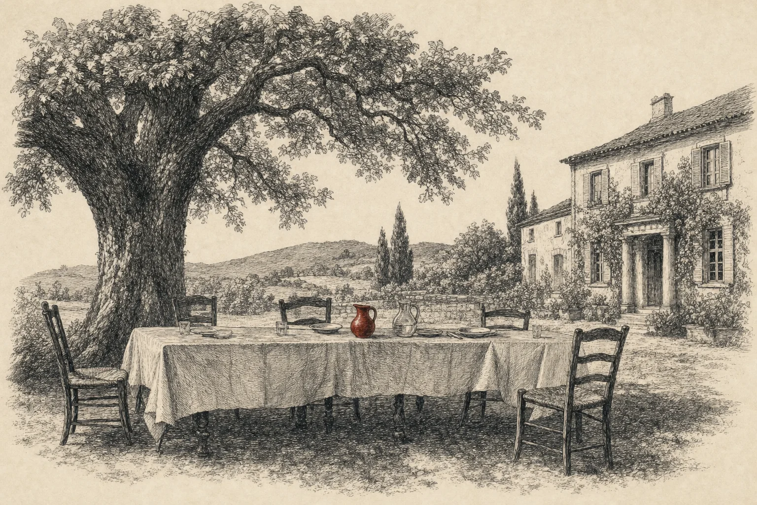 Une longue table dressée sous un tilleul devant une vieille maison de campagne, en été