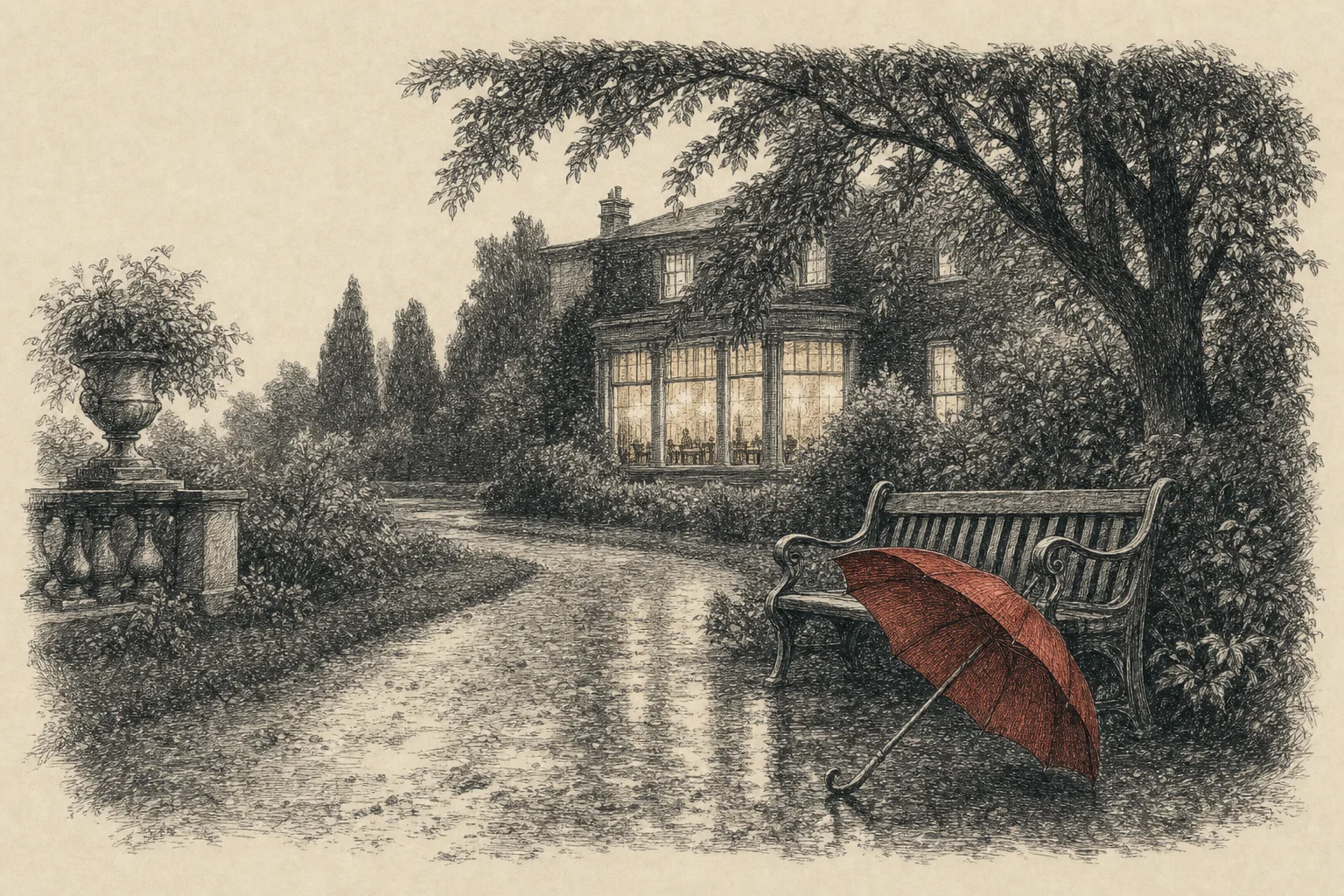 Un parapluie ouvert posé sur l'allée d'un jardin après la pluie, près d'un banc, les fenêtres éclairées de la maison derrière