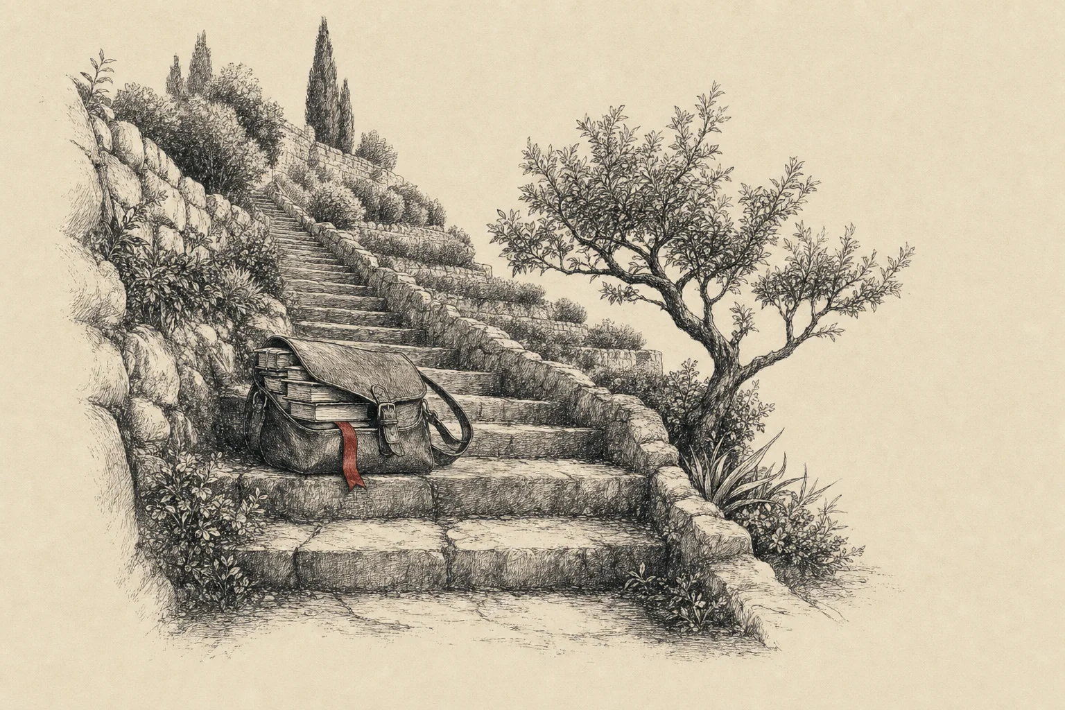 Un escalier de pierre gravit une colline en terrasses, un cartable de livres posé sur une marche
