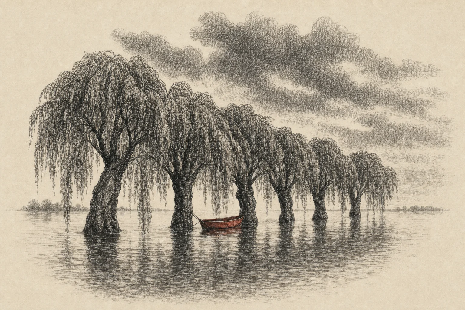 Des saules à demi noyés par un lac sorti de son lit, une barque amarrée entre les troncs