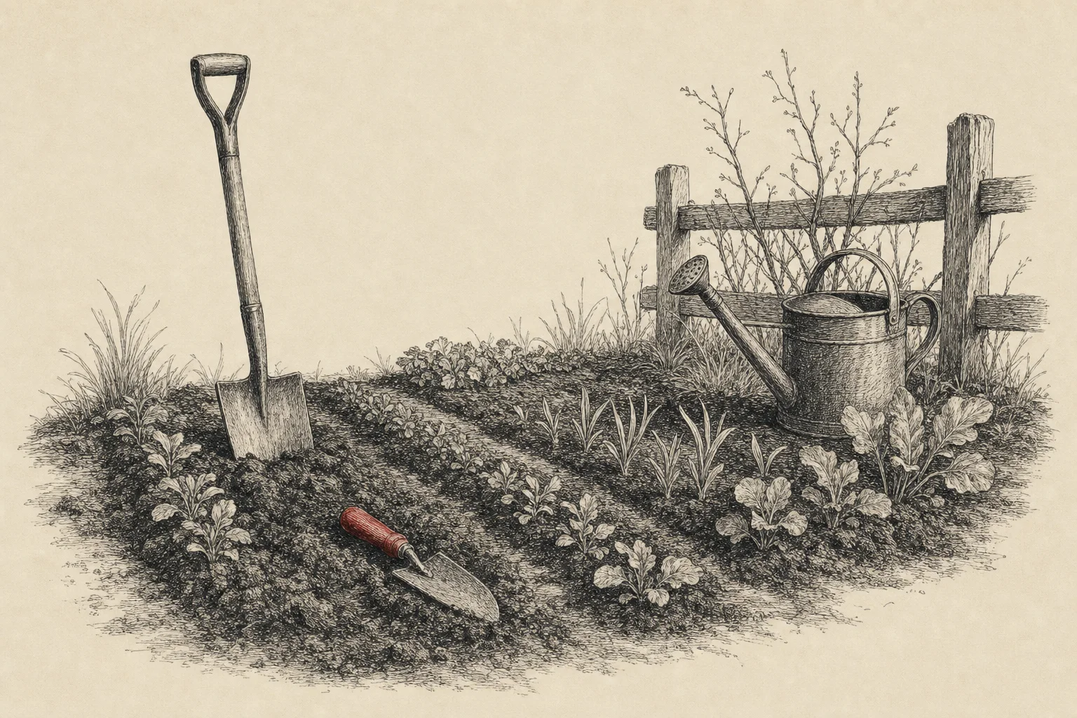 Une parcelle de jardin au printemps, quelques rangs de semis, une bêche plantée dans la terre