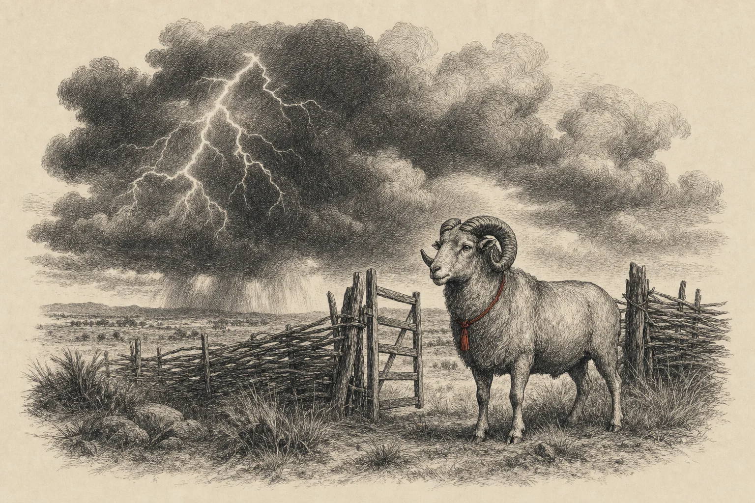 Un orage au-dessus d'une vaste plaine, un bélier immobile devant une clôture au portail ouvert