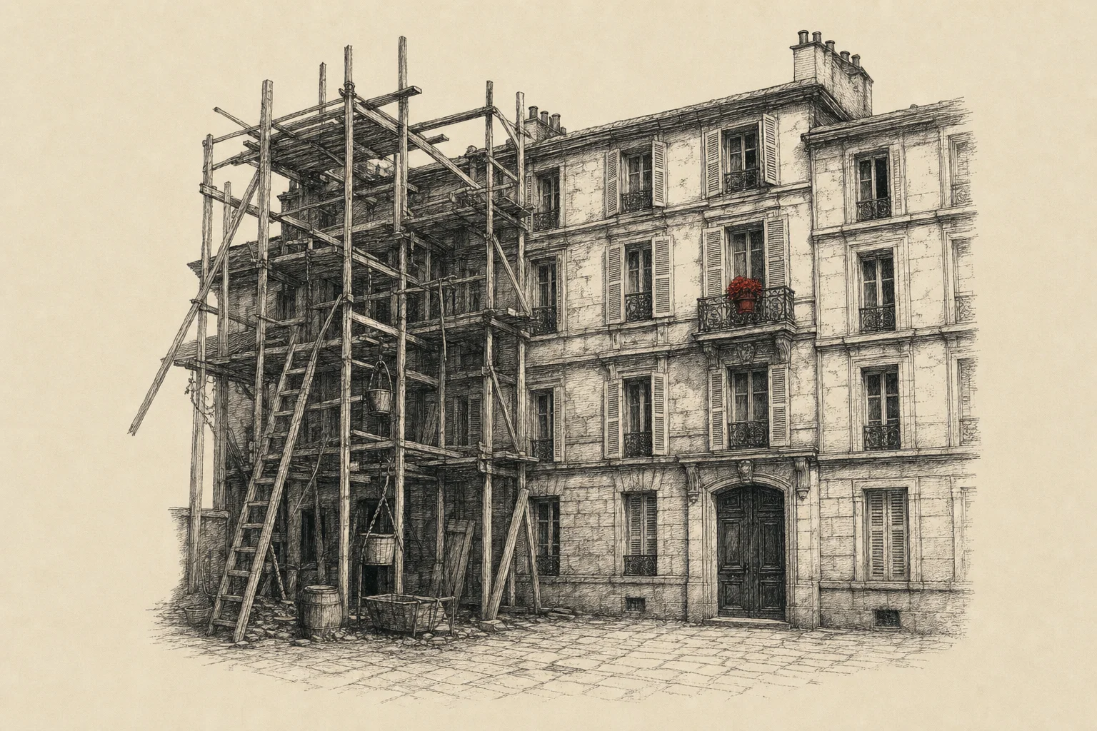 Une façade d'immeuble sous des échafaudages, des échelles et des seaux dans la cour