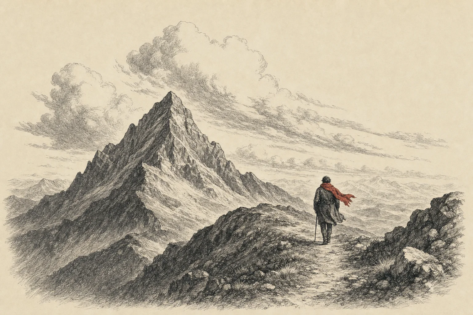 Une montagne sous un ciel immense, une silhouette vue de dos s'éloigne sur la crête