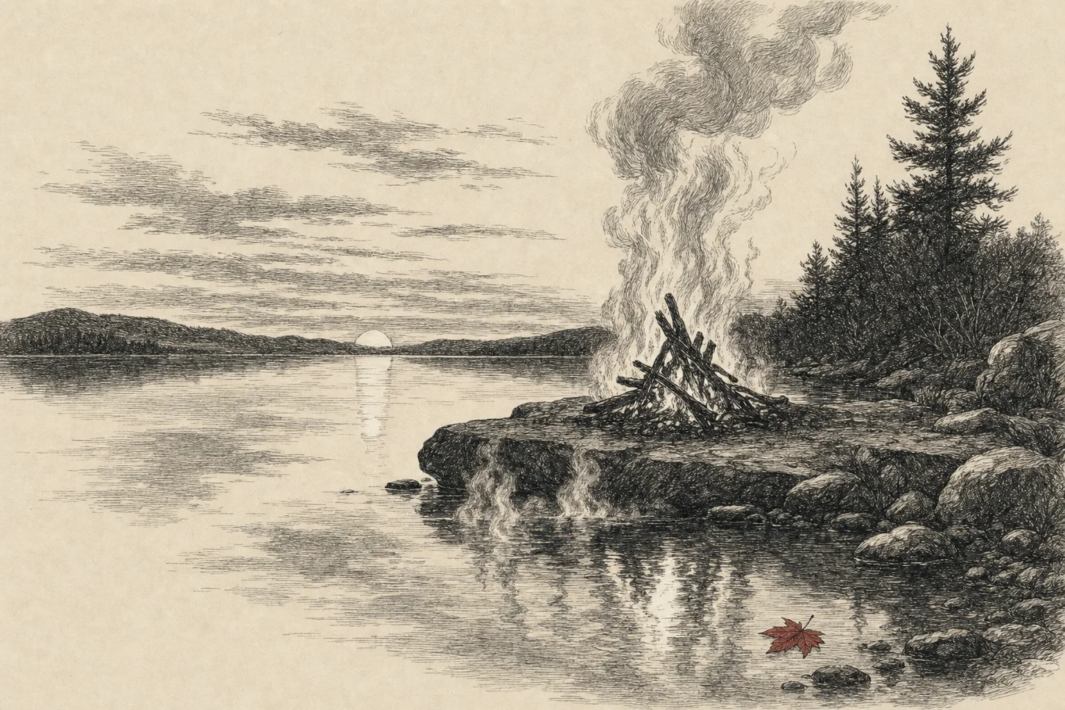 Un feu brûle sur une roche au bord d'un lac au crépuscule, ses flammes reflétées dans l'eau calme