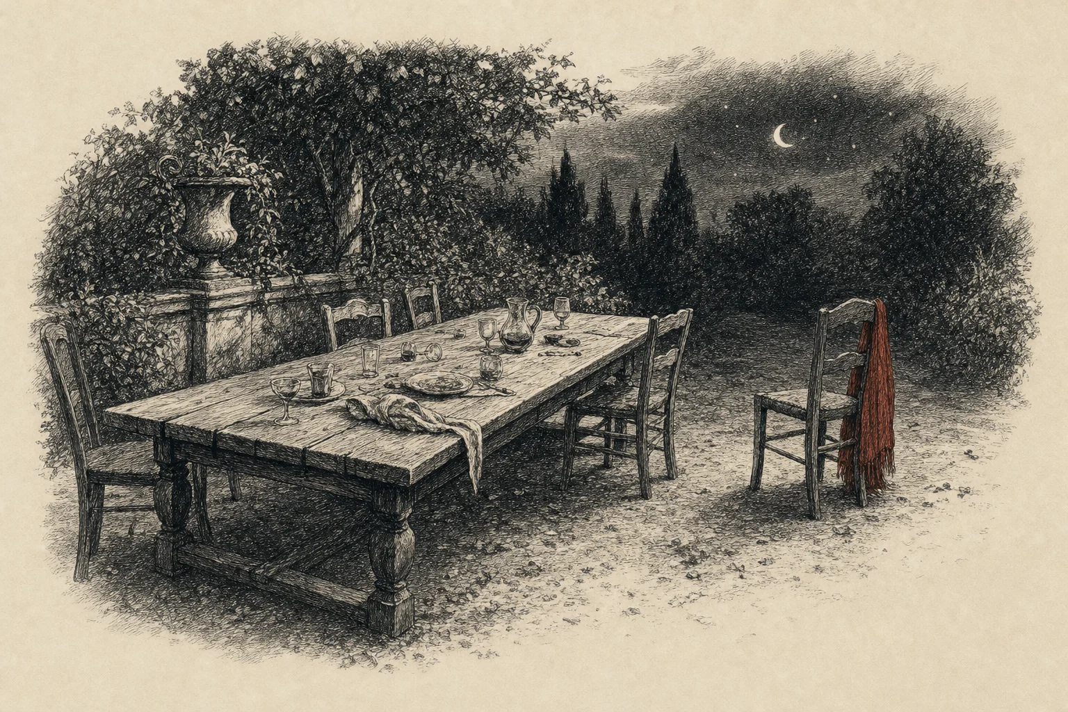Une longue table dehors après une soirée, une chaise posée un peu à l'écart face au jardin