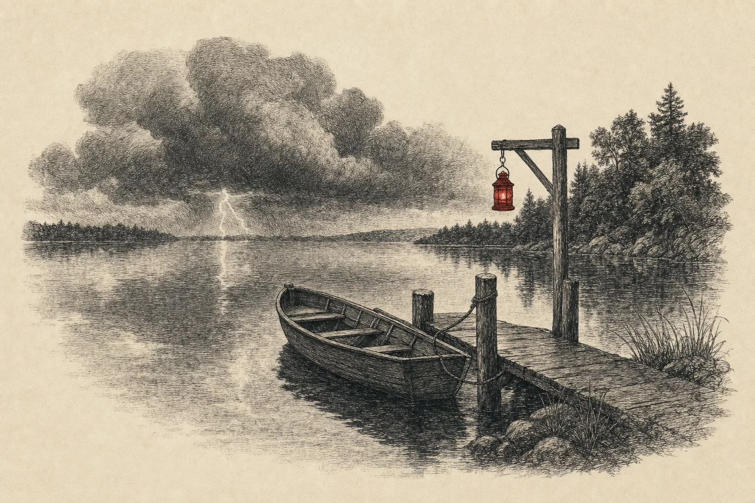 Un lac calme au crépuscule, un orage lointain qui se reflète dans l'eau, une barque amarrée pour la nuit
