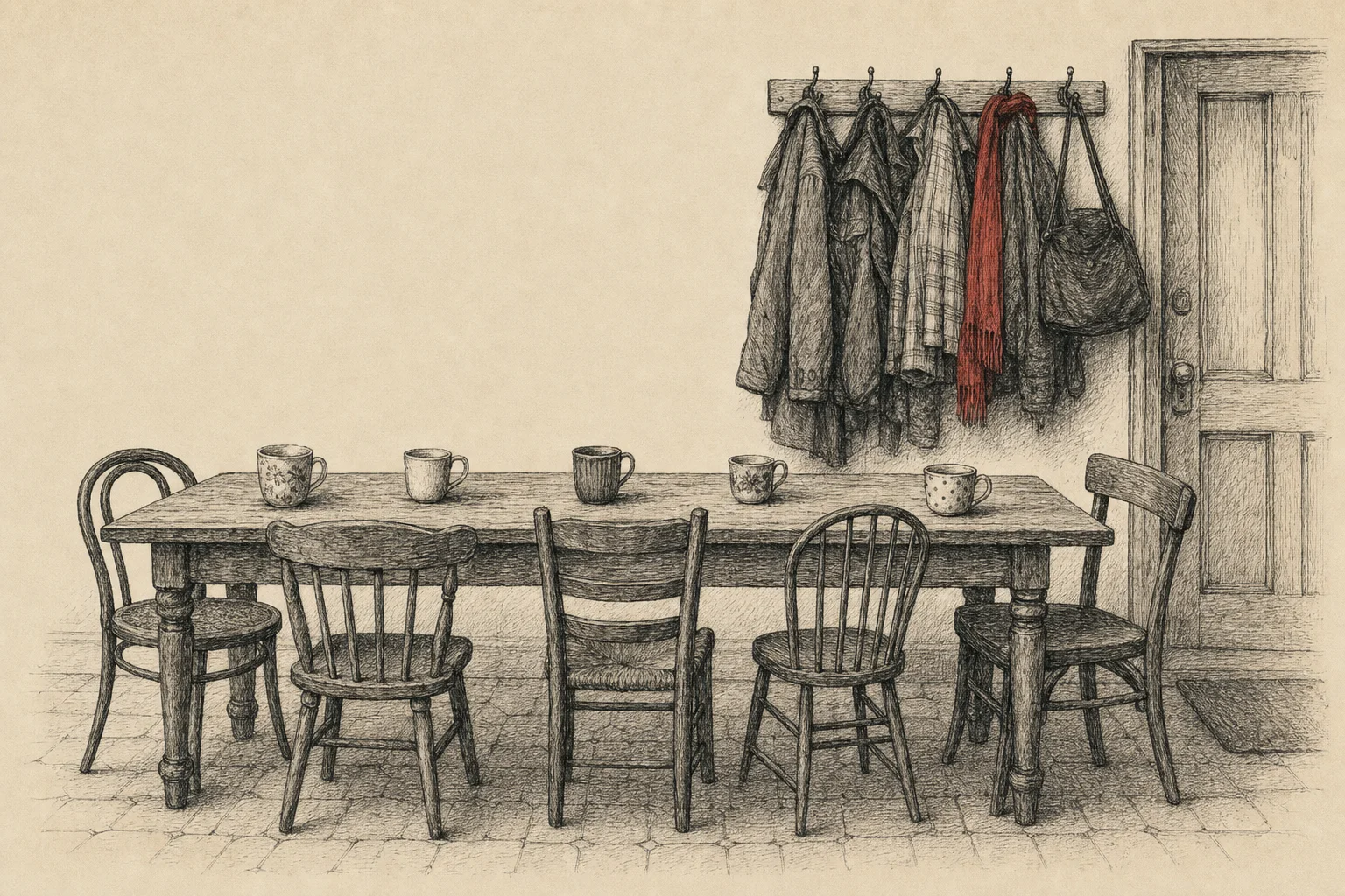 Une cuisine commune, une longue table entourée de cinq chaises dépareillées et de cinq tasses