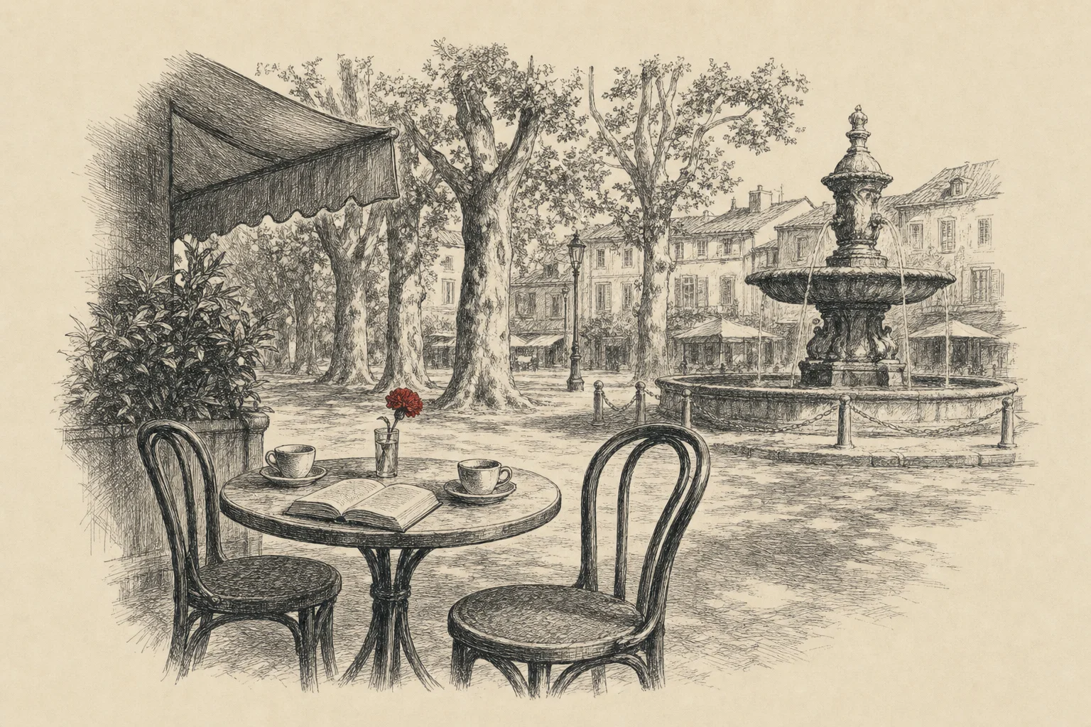 Une terrasse de café sur une place ensoleillée, deux tasses et un livre ouvert sur une petite table