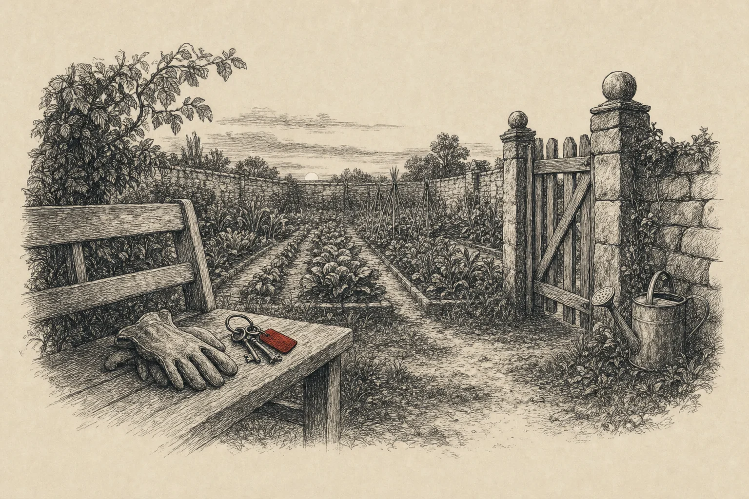 Un jardin potager clos au crépuscule, un trousseau de clés et des gants posés sur un banc