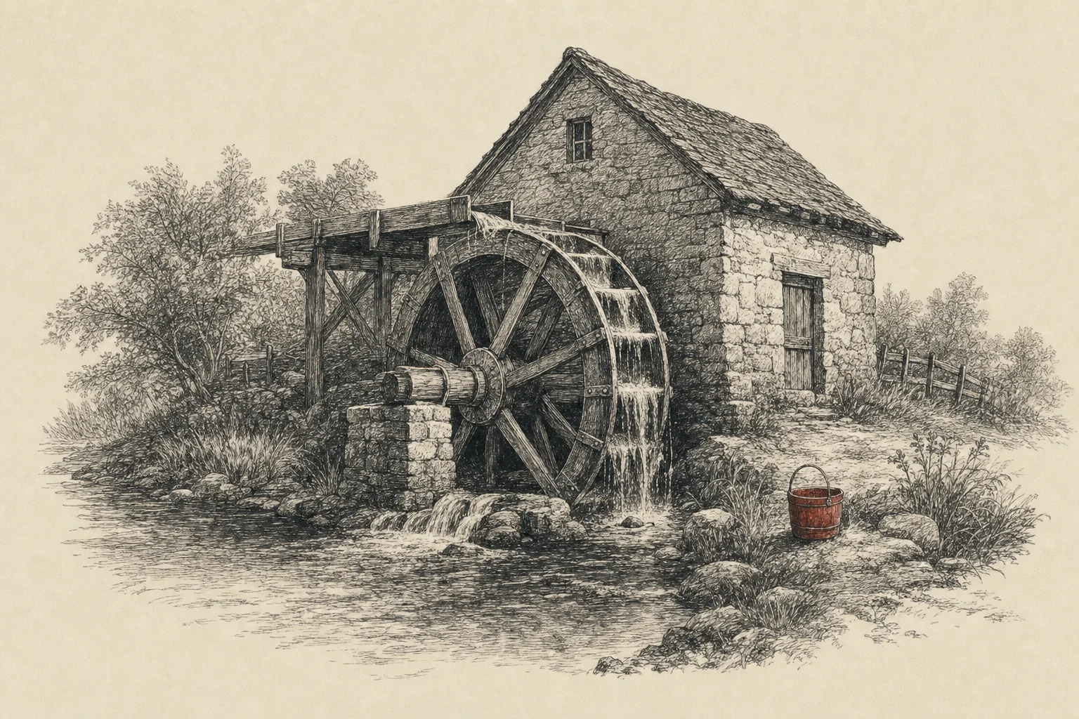 Une roue à aubes qui tourne au bord d'un ruisseau, à côté d'un petit moulin