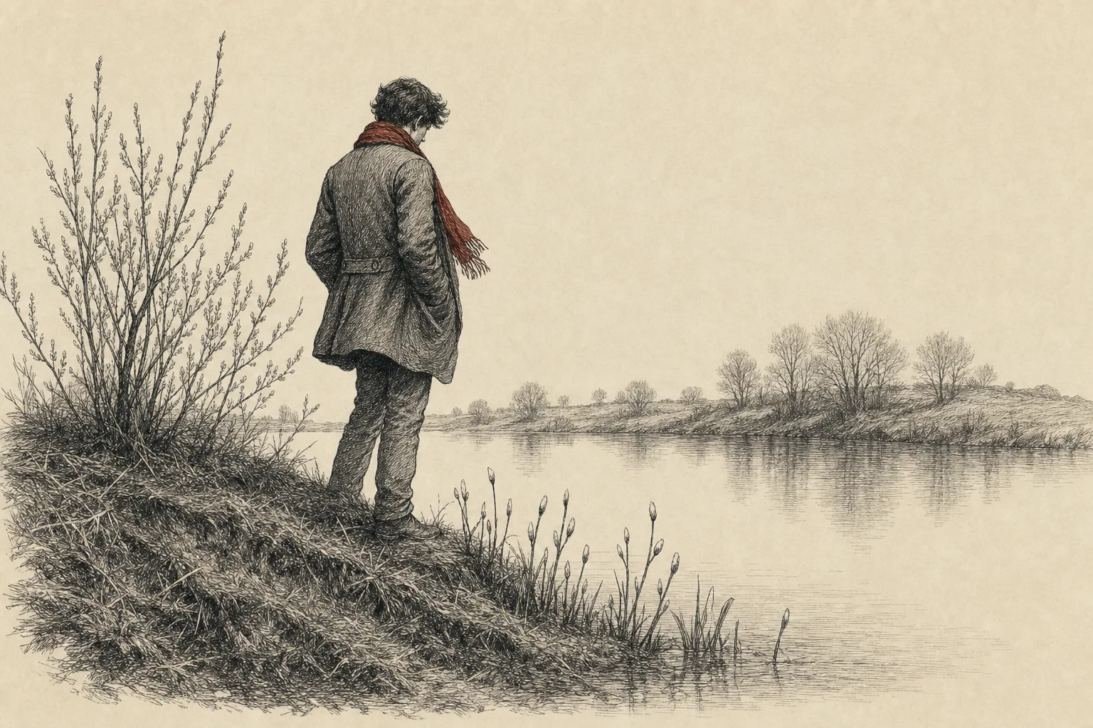 Une berge herbeuse qui domine un lac au début du printemps, une silhouette de dos penchée vers l'eau